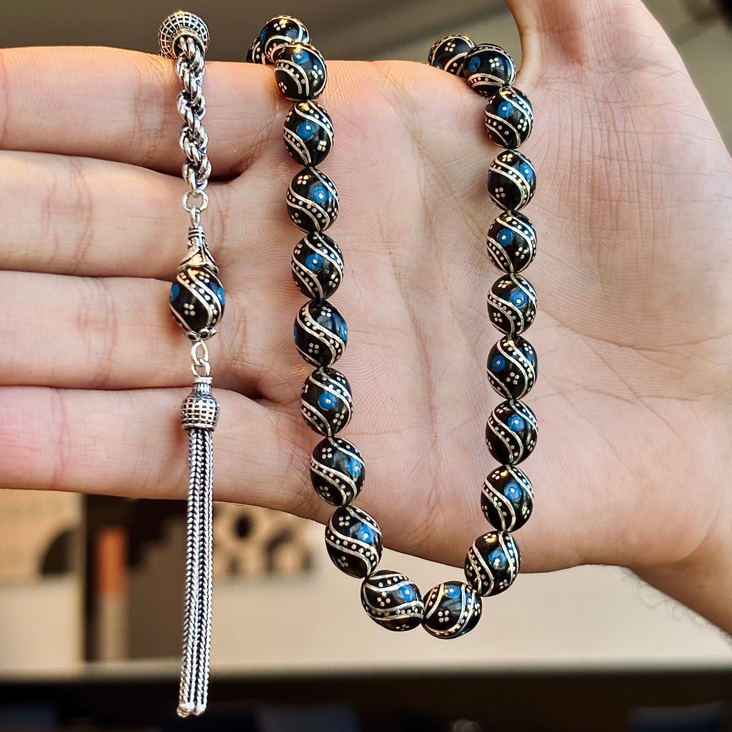 925 Sterling Silver Tassel Erzurum Oltu Stone Prayer Beads