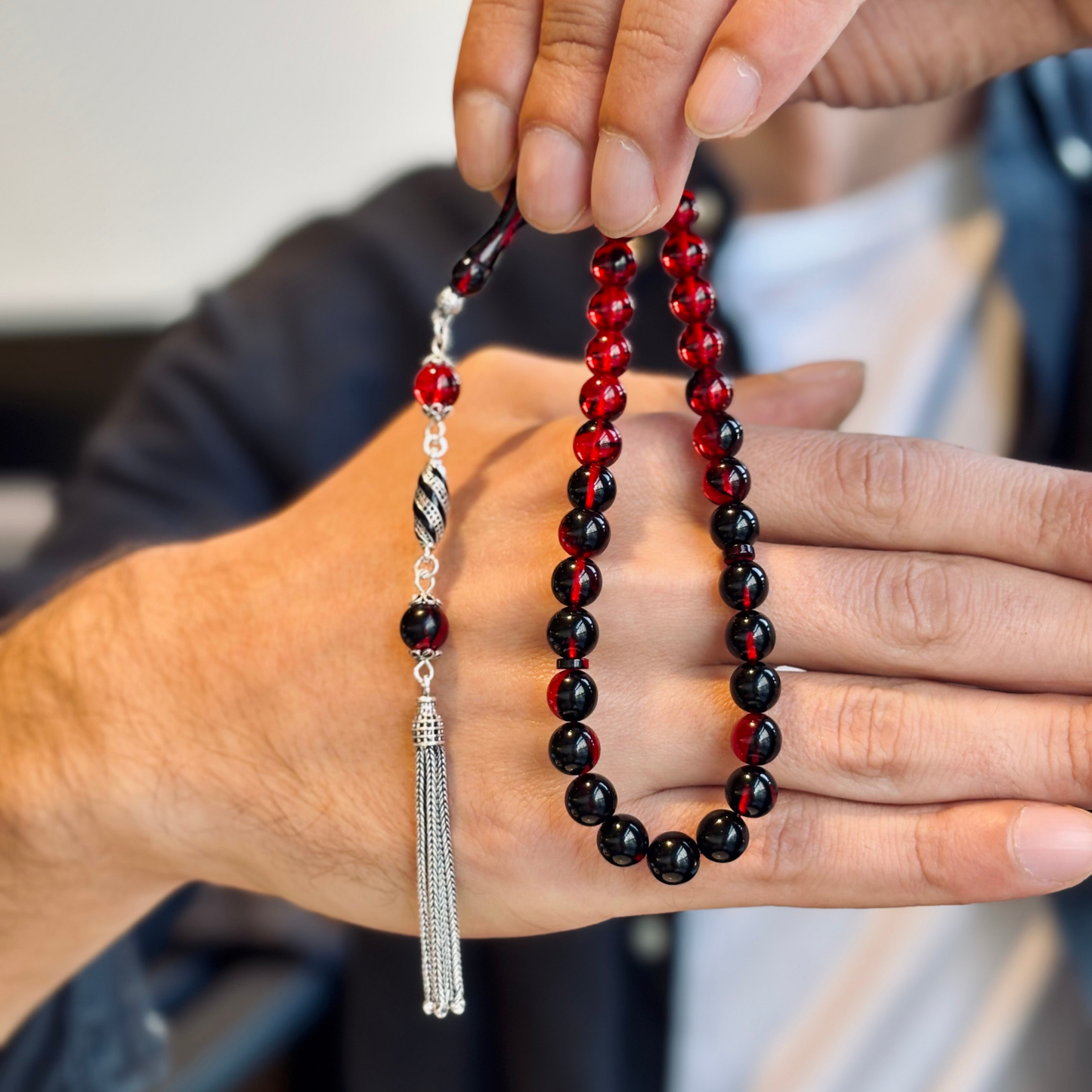 925 Sterling Silver Tassel Red Fire Amber Stone Prayer Beads