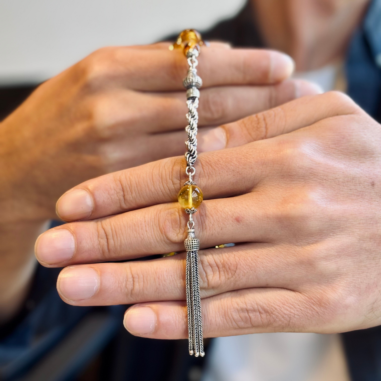 925 Sterling Silver Tassel Drop Amber Stone Prayer Beads