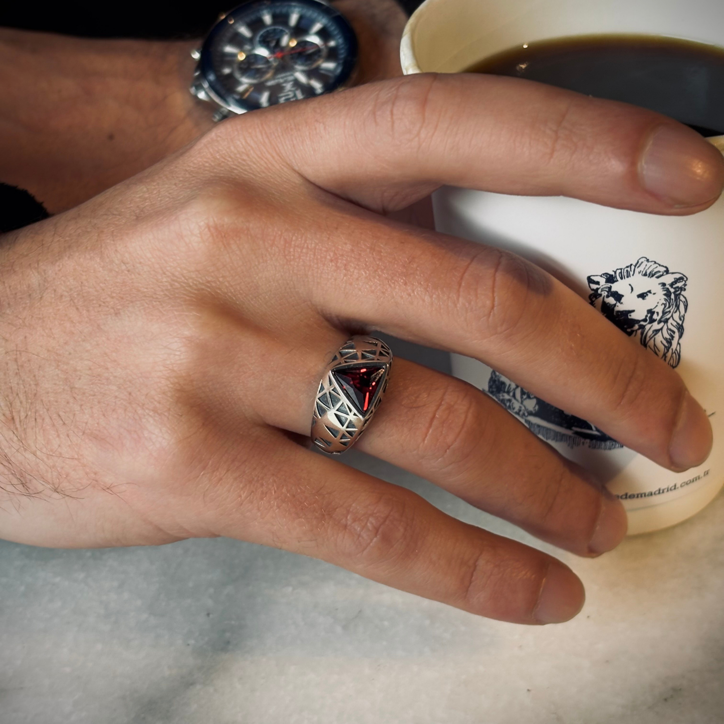 925 Sterling Silver Triangle Red Ruby Stone Men's Ring