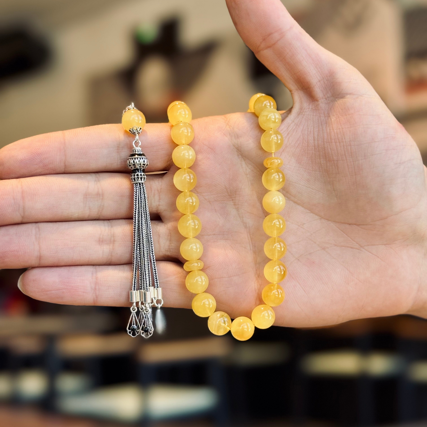 925 Sterling Silver Tassel Drop Amber Stone Prayer Beads