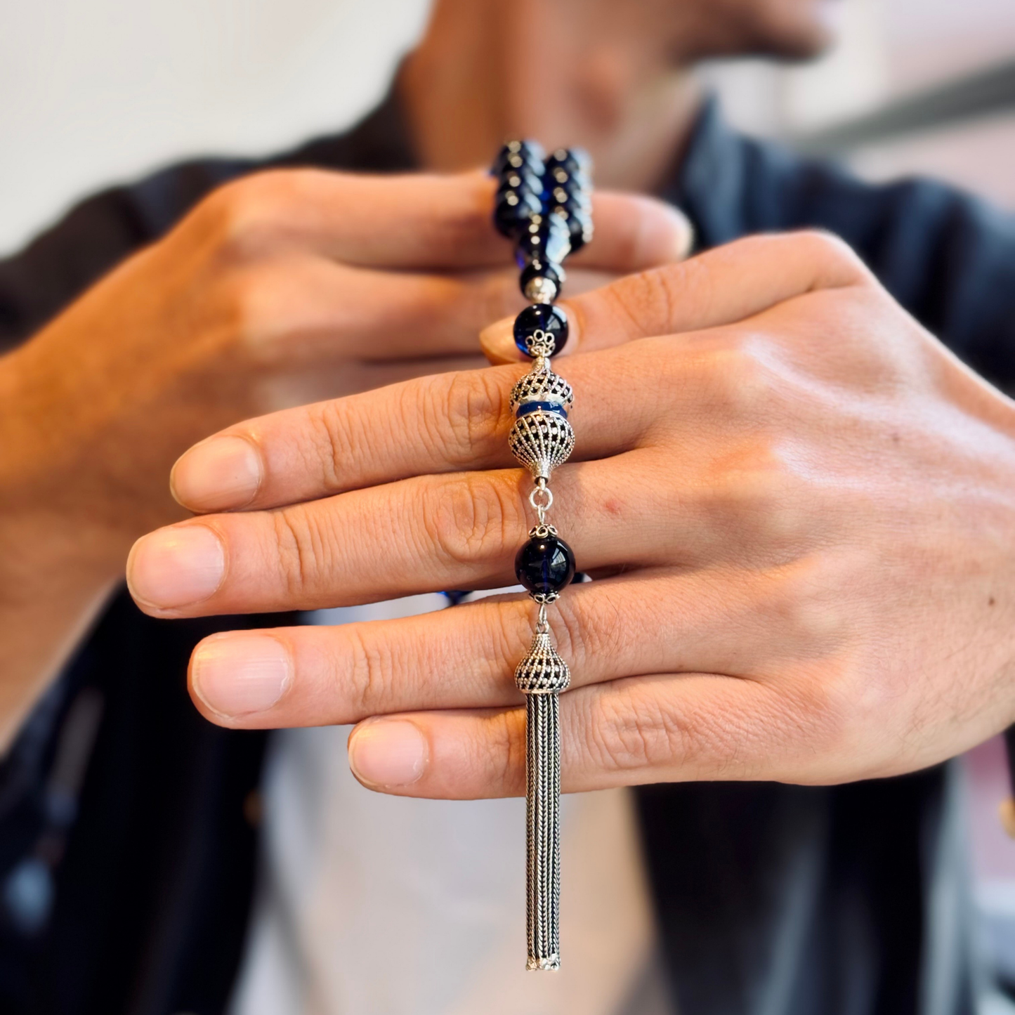 925 Sterling Silver Tassel Navy Blue Drop Amber Stone Prayer Beads