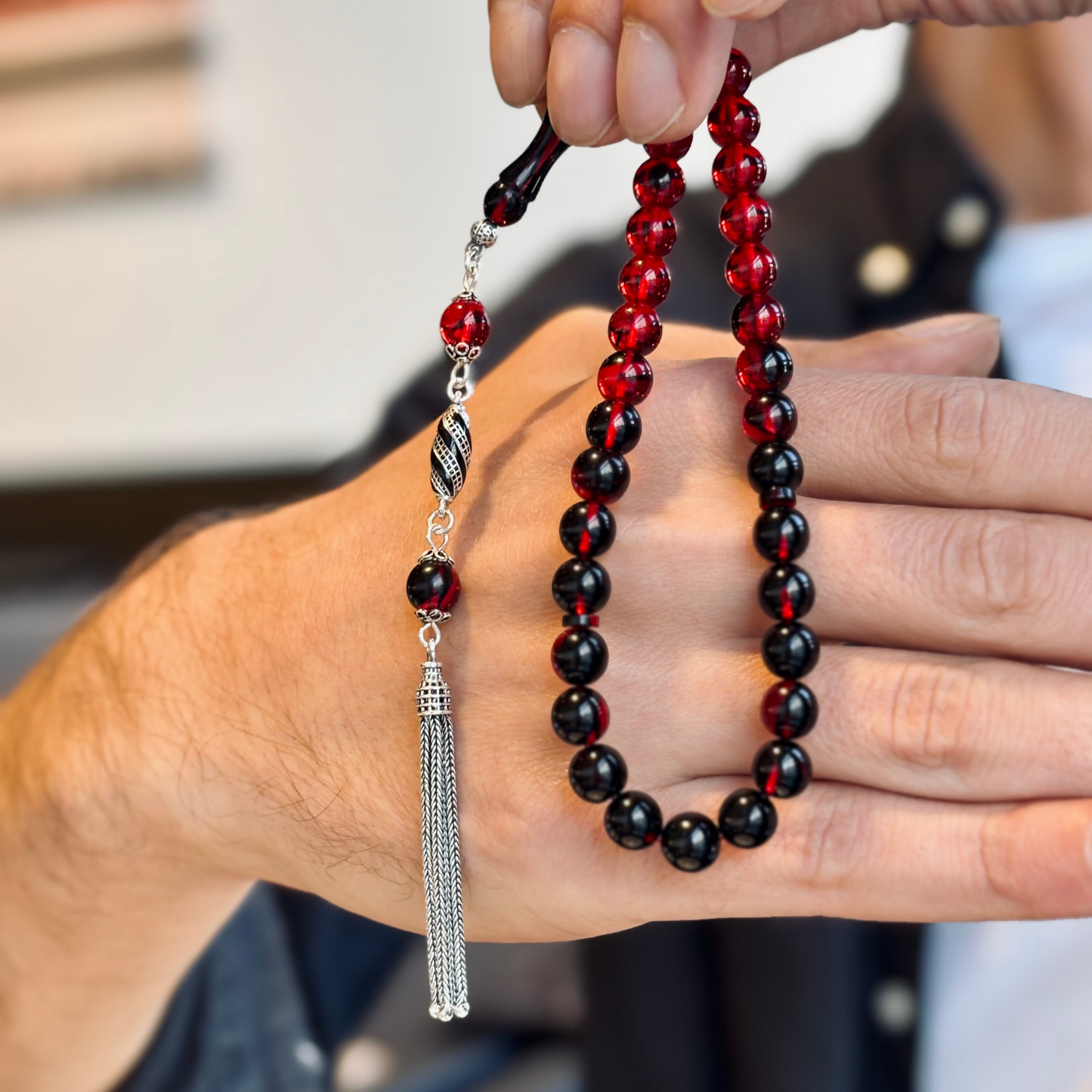925 Sterling Silver Tassel Red Fire Amber Stone Prayer Beads