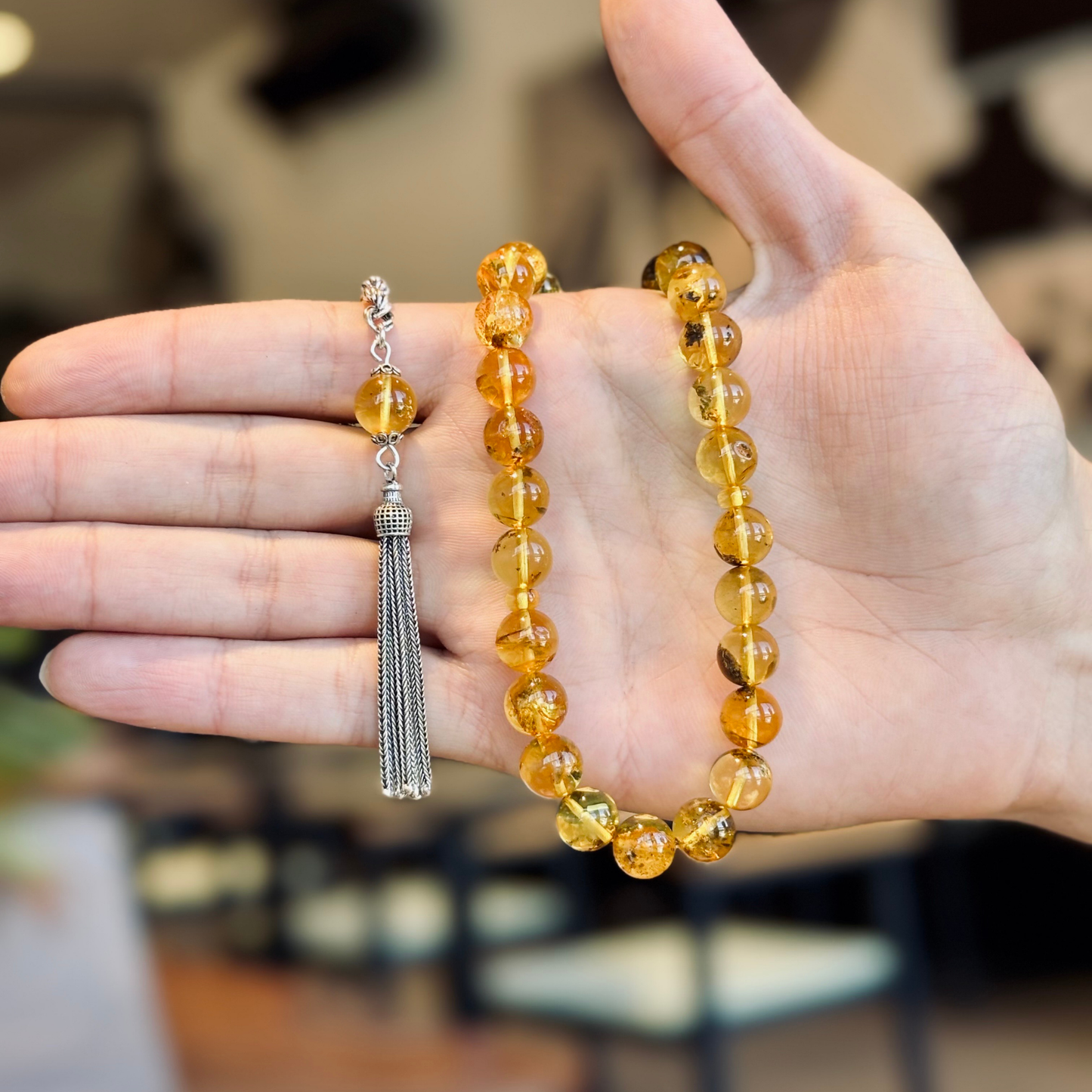 925 Sterling Silver Tassel Drop Amber Stone Prayer Beads