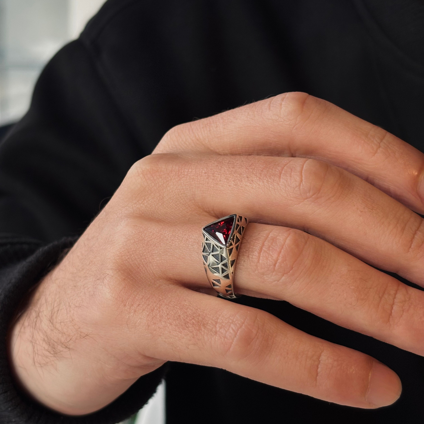 925 Sterling Silver Triangle Red Ruby Stone Men's Ring