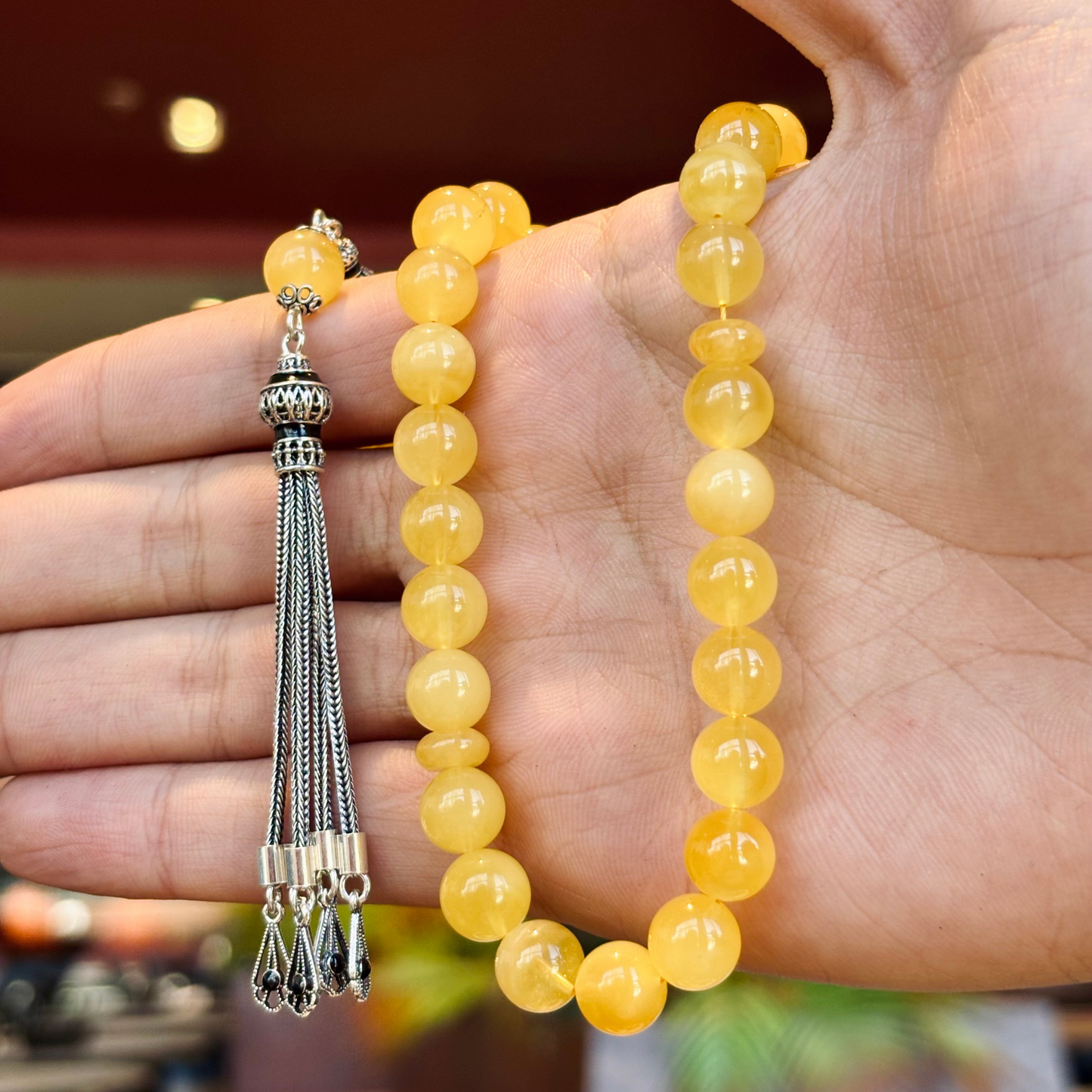 925 Sterling Silver Tassel Drop Amber Stone Prayer Beads
