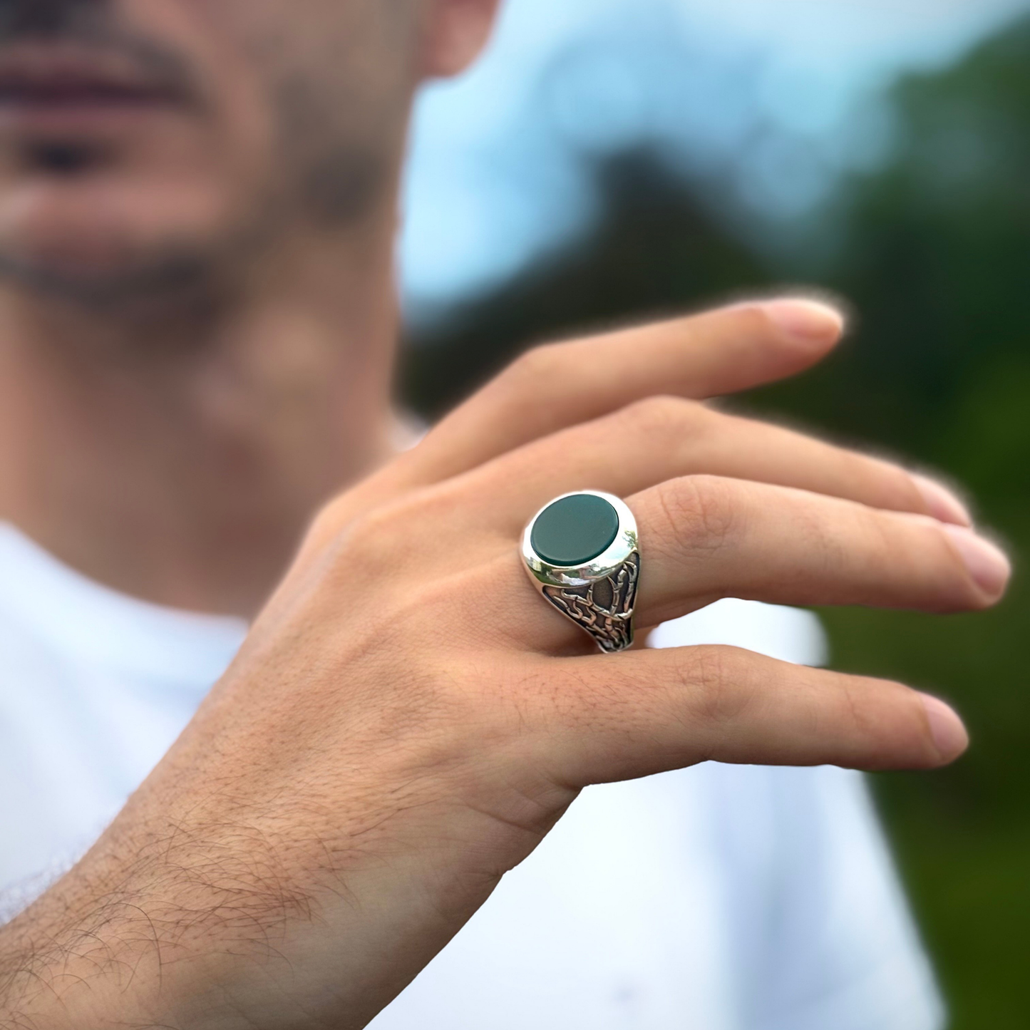 925 Sterling Silver Root Patterned Round Green Agate Stone Men's Ring