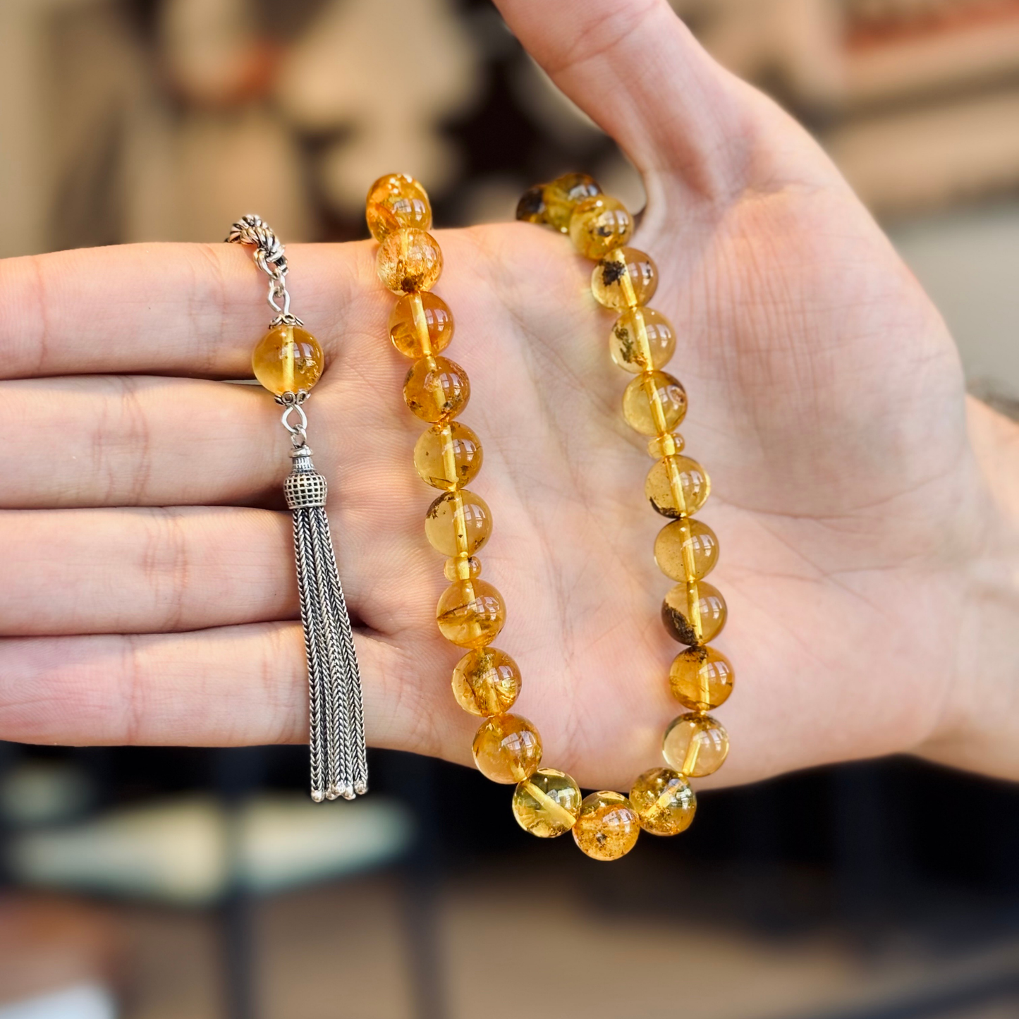 925 Sterling Silver Tassel Drop Amber Stone Prayer Beads