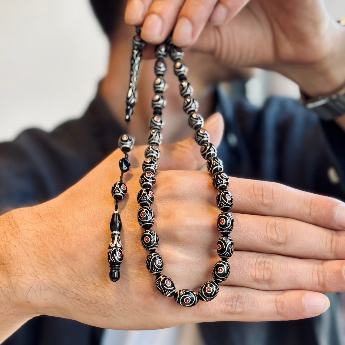 925 Sterling Silver Inlaid Erzurum Oltu Stone Prayer Beads