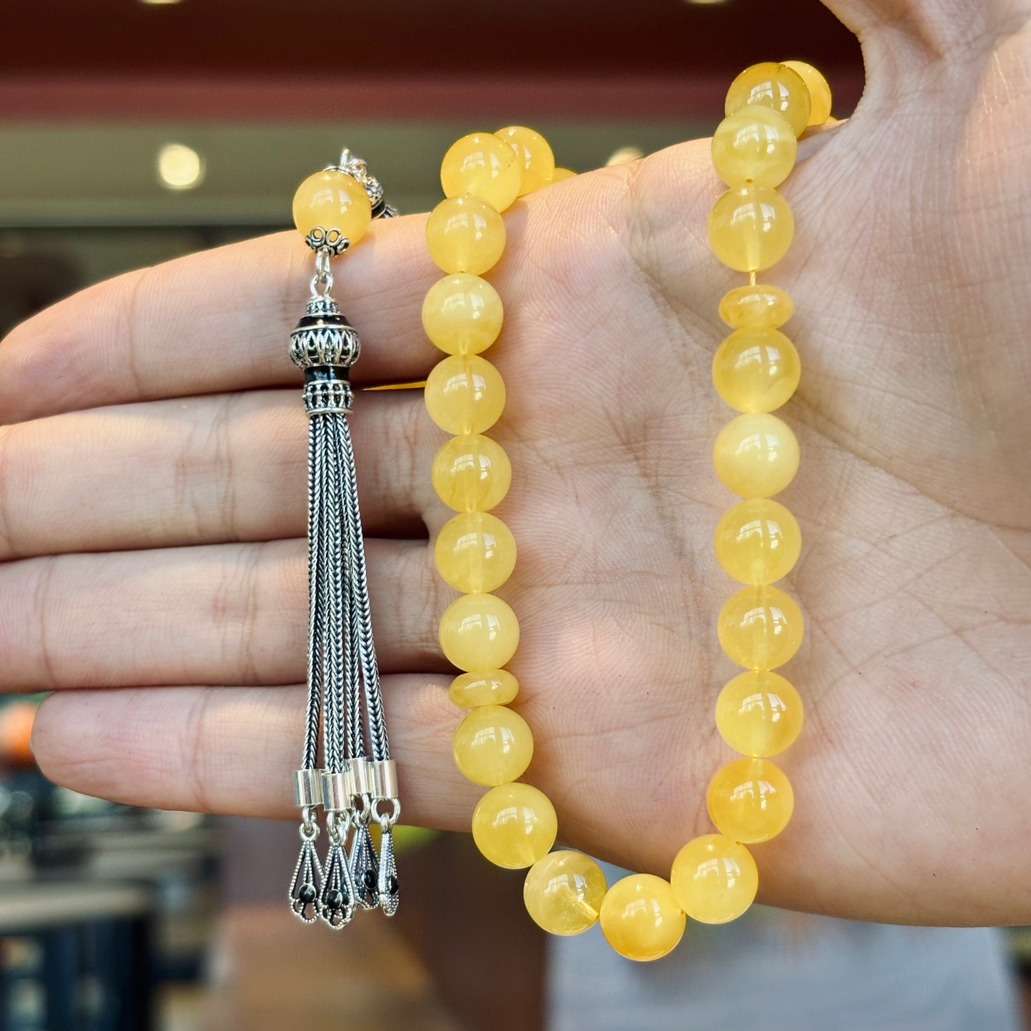 925 Sterling Silver Tassel Drop Amber Stone Prayer Beads