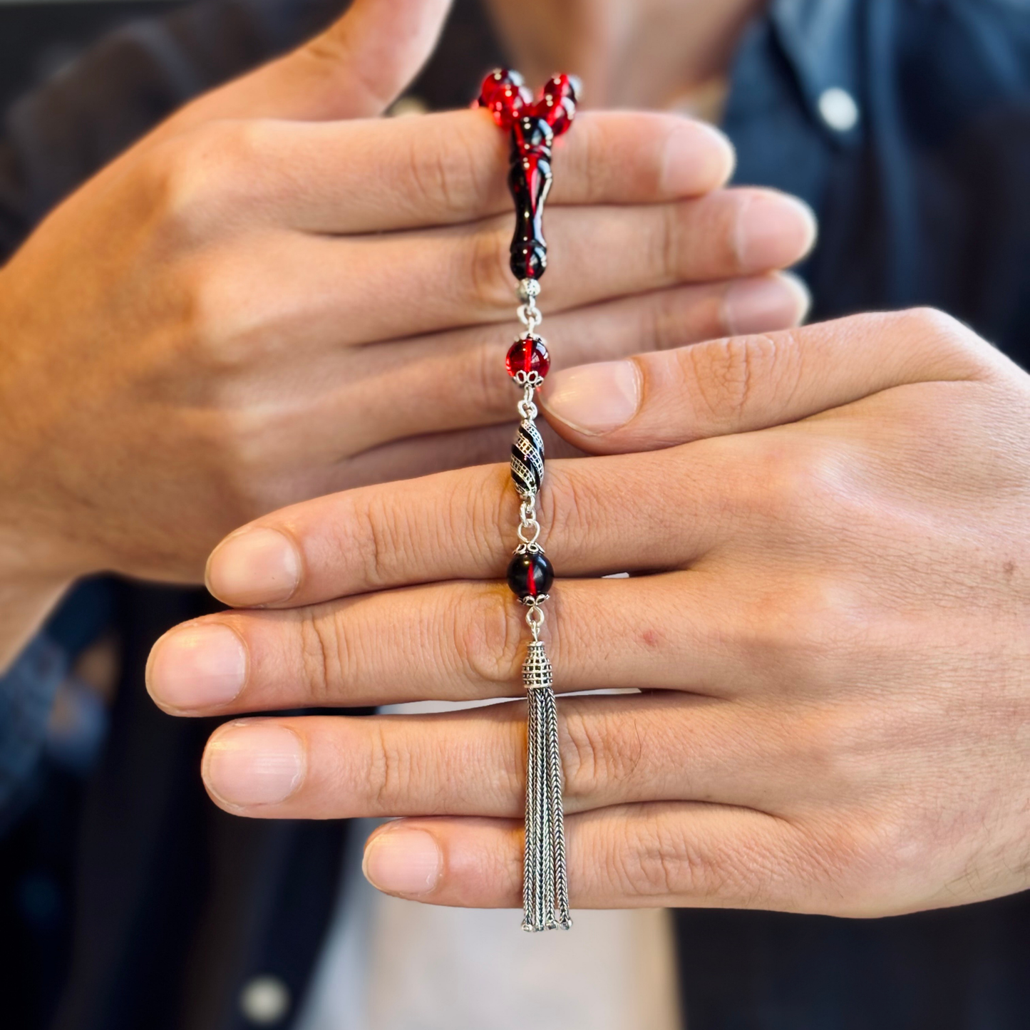 925 Sterling Silver Tassel Red Fire Amber Stone Prayer Beads