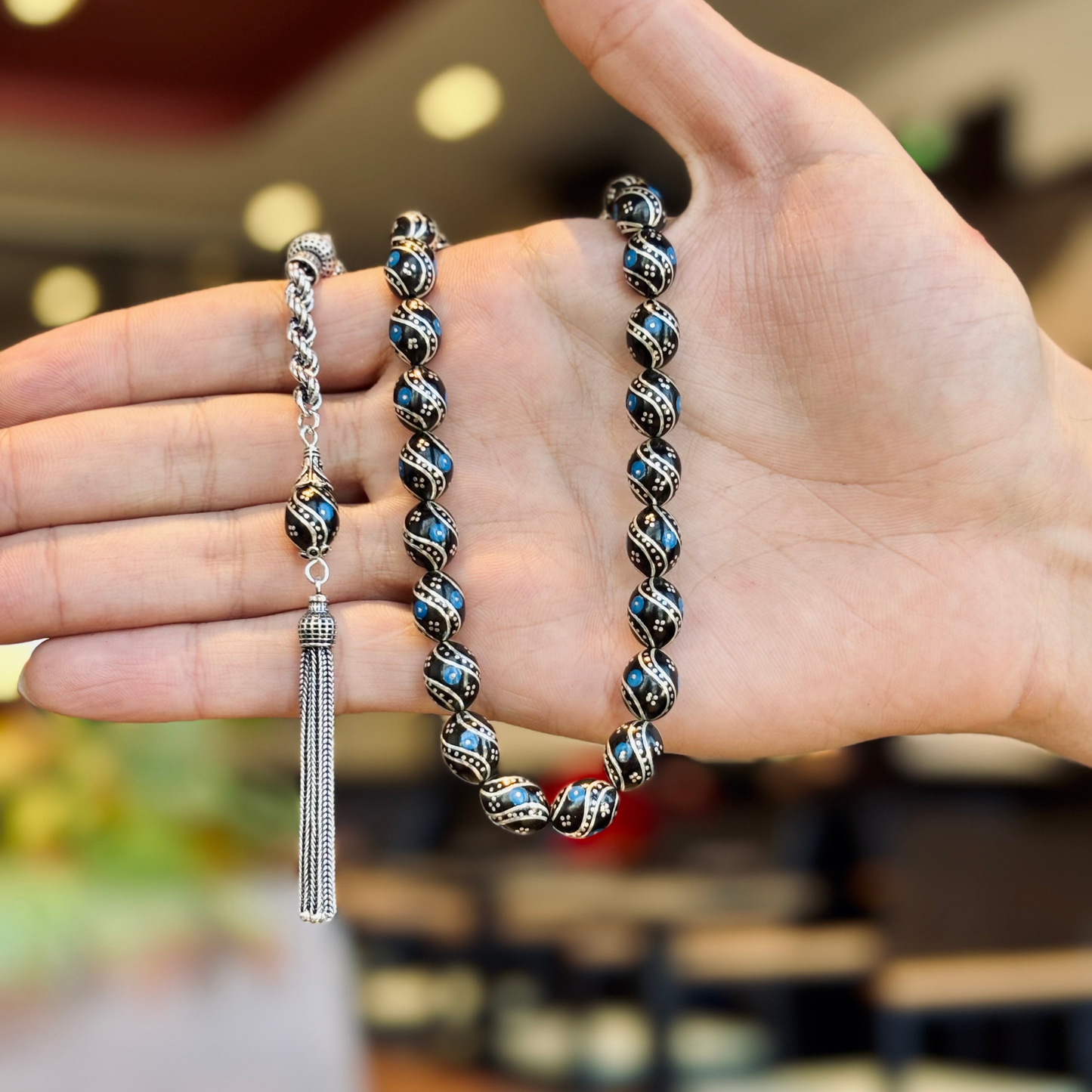 925 Sterling Silver Tassel Erzurum Oltu Stone Prayer Beads