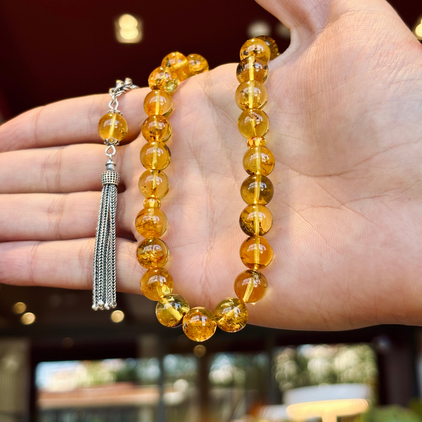 925 Sterling Silver Tassel Drop Amber Stone Prayer Beads