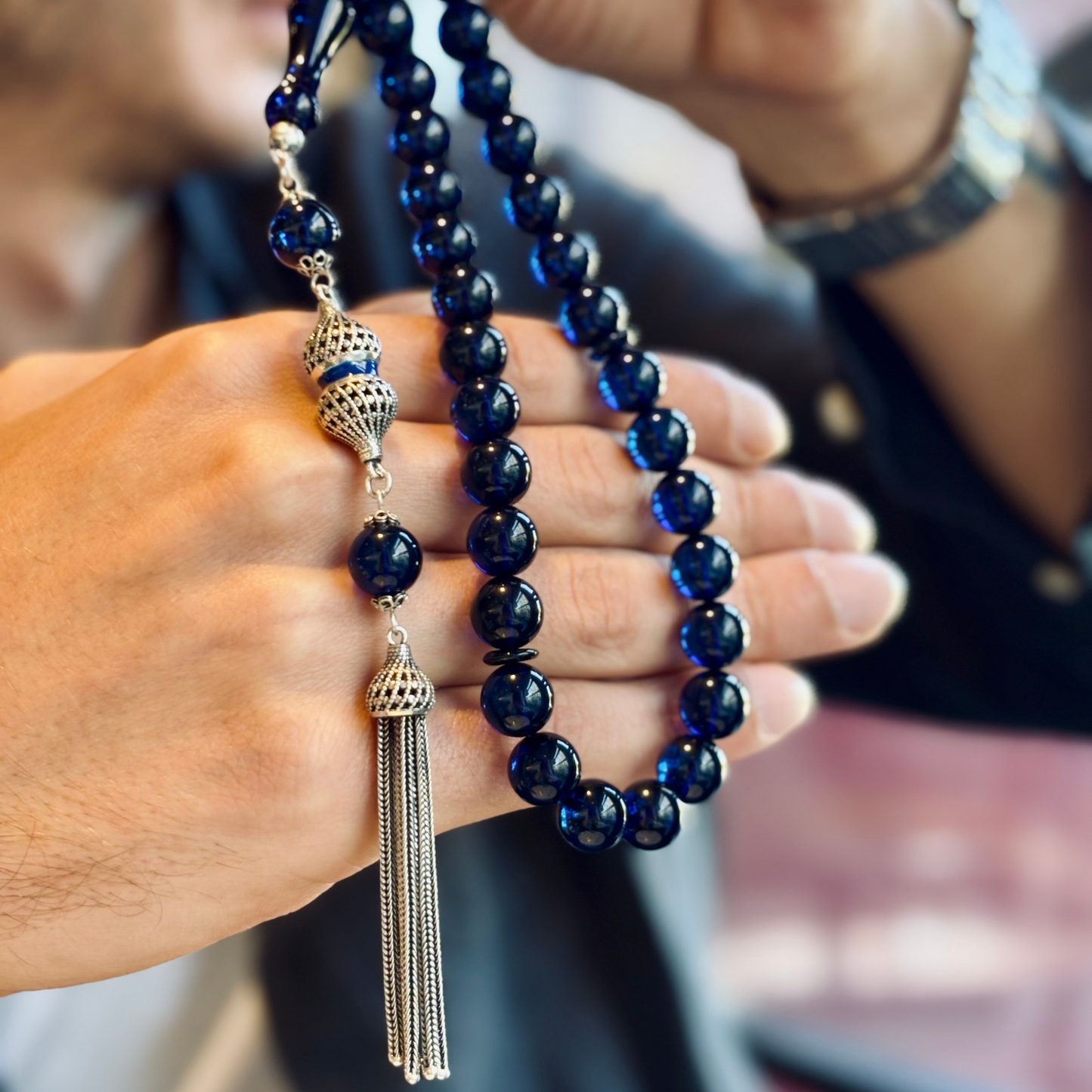 925 Sterling Silver Tassel Navy Blue Drop Amber Stone Prayer Beads