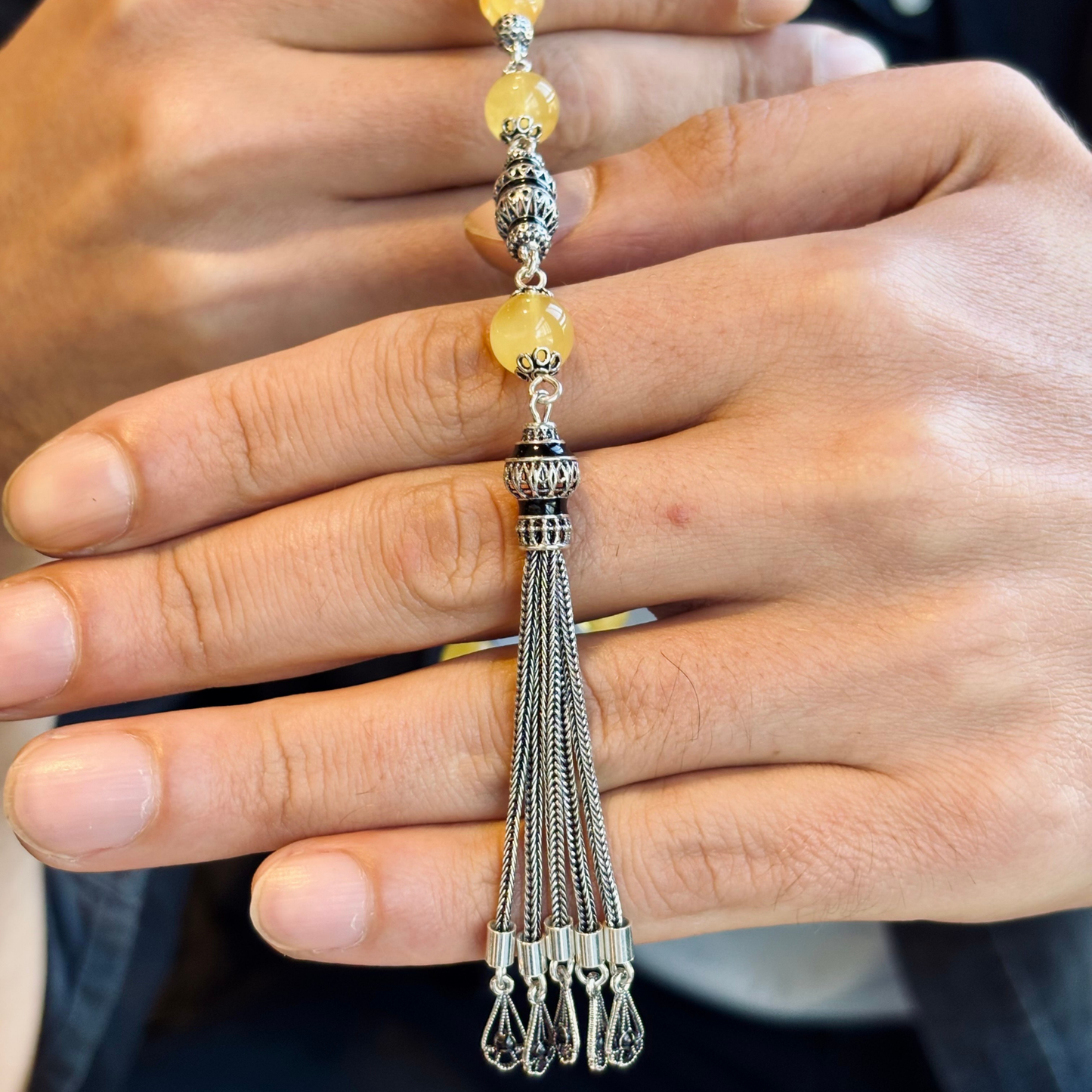 925 Sterling Silver Tassel Drop Amber Stone Prayer Beads