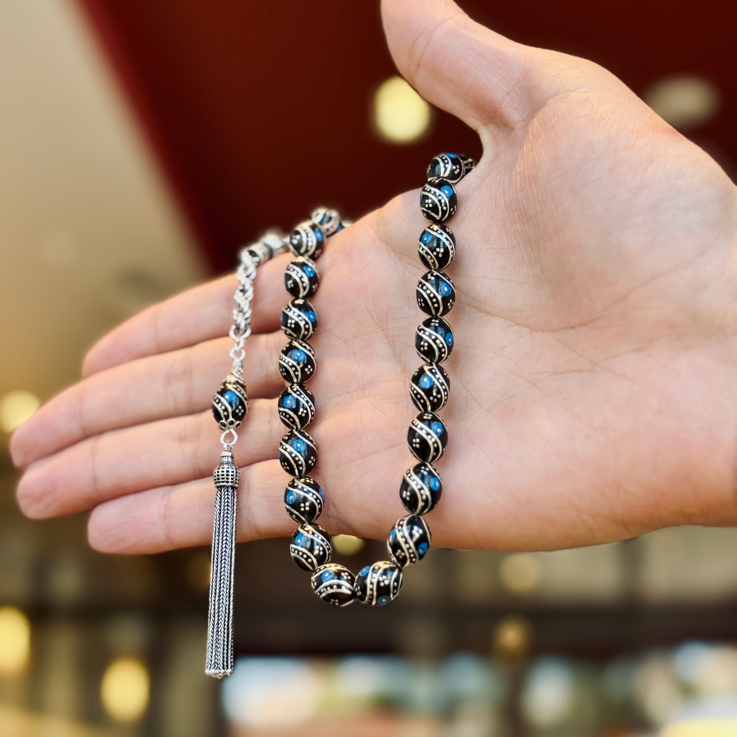 925 Sterling Silver Tassel Erzurum Oltu Stone Prayer Beads