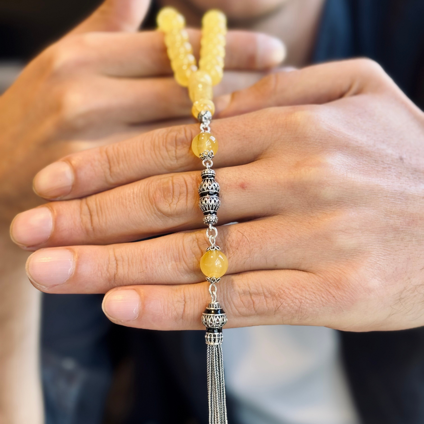 925 Sterling Silver Tassel Drop Amber Stone Prayer Beads