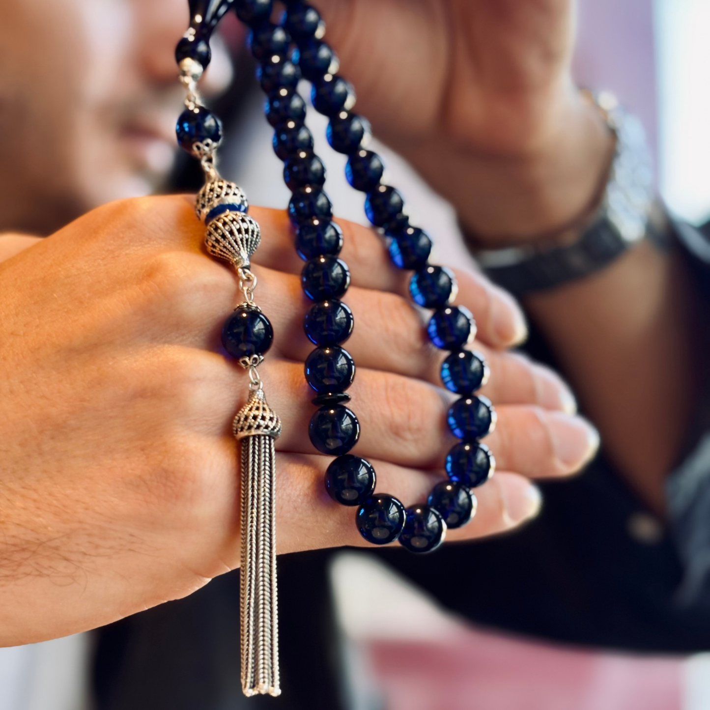 925 Sterling Silver Tassel Navy Blue Drop Amber Stone Prayer Beads