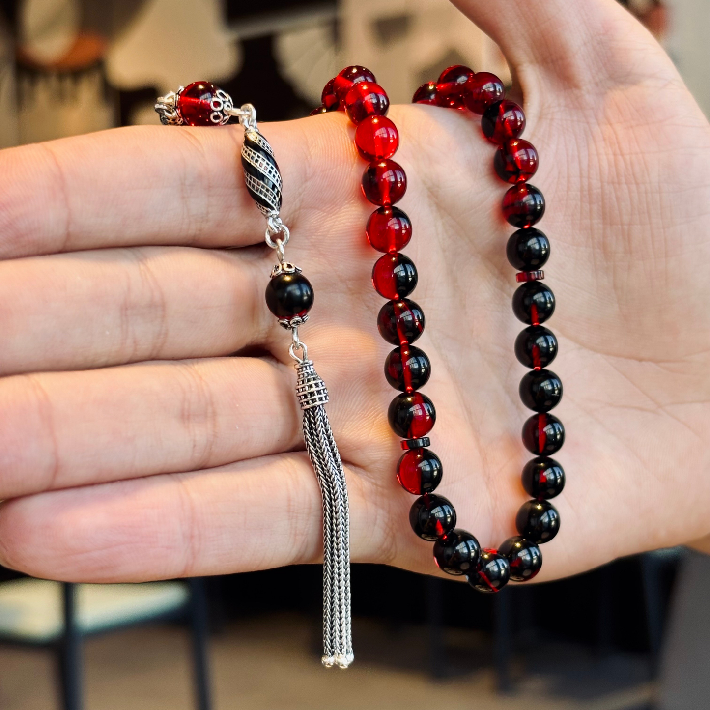 925 Sterling Silver Tassel Red Fire Amber Stone Prayer Beads