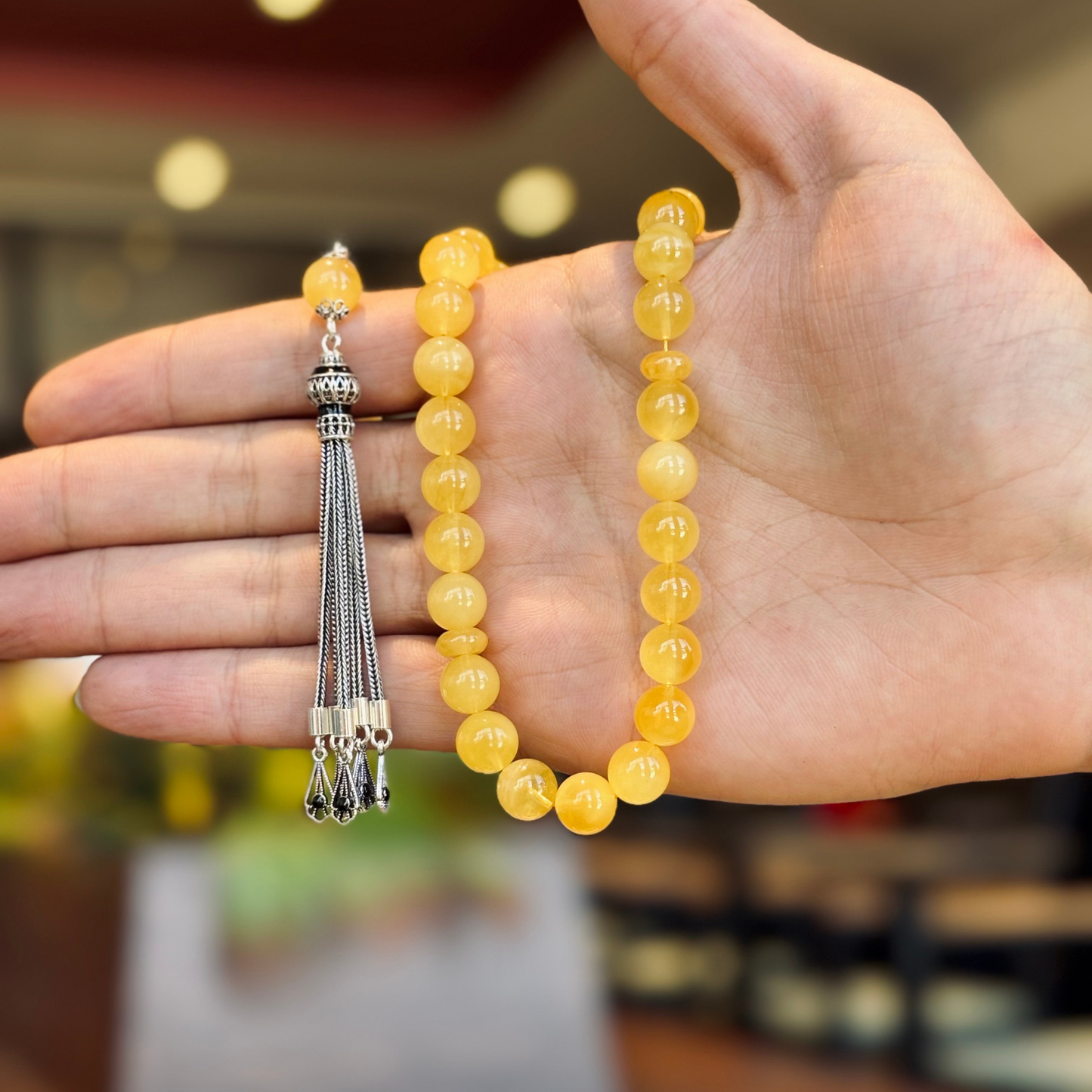 925 Sterling Silver Tassel Drop Amber Stone Prayer Beads