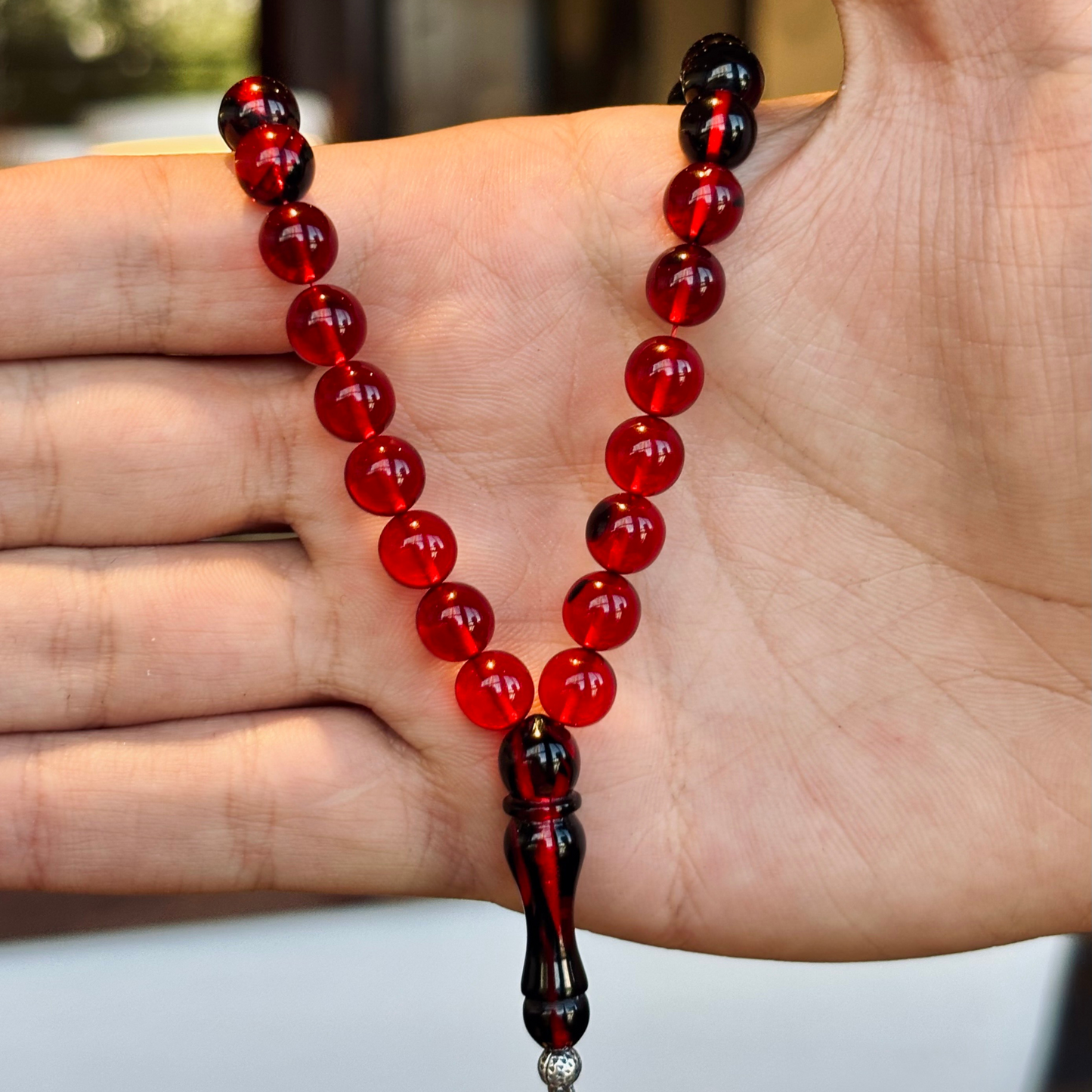 925 Sterling Silver Tassel Red Fire Amber Stone Prayer Beads