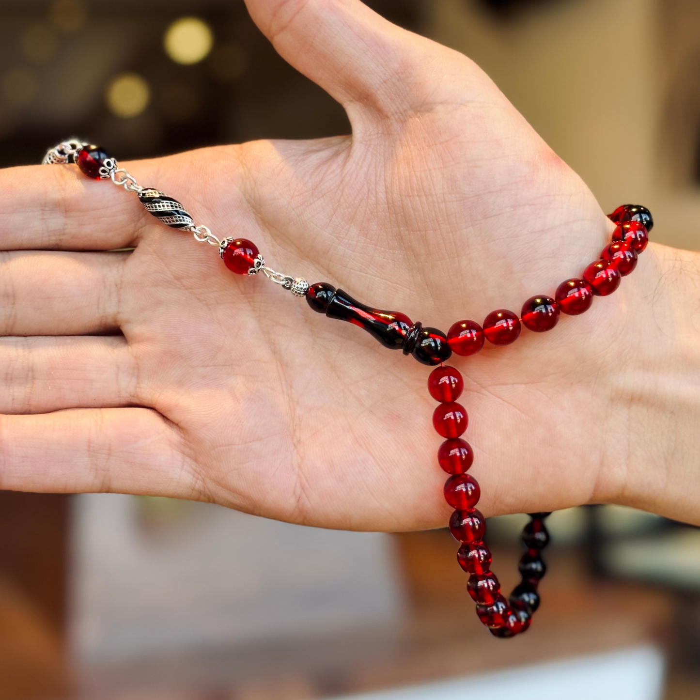 925 Sterling Silver Tassel Red Fire Amber Stone Prayer Beads