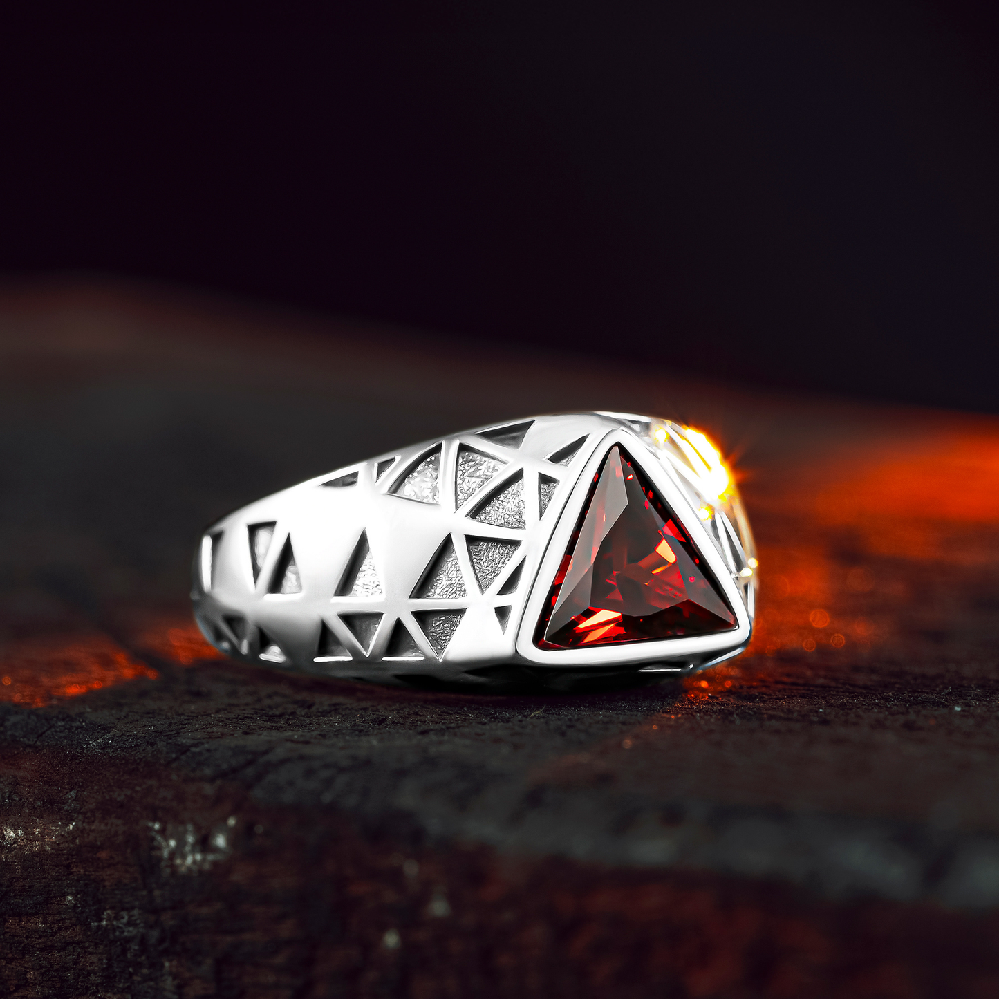 925 Sterling Silver Triangle Red Ruby Stone Men's Ring