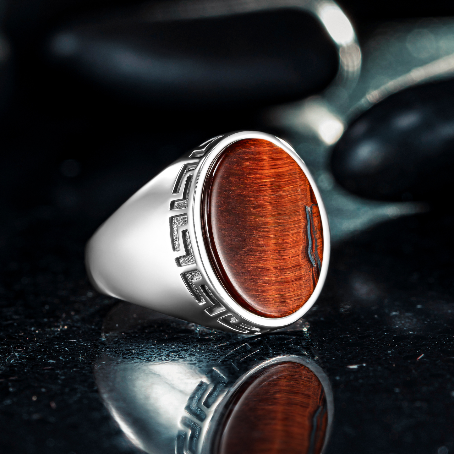 925 Sterling Silver Greek Patterned Oval Brown Jasper Stone Men's Ring