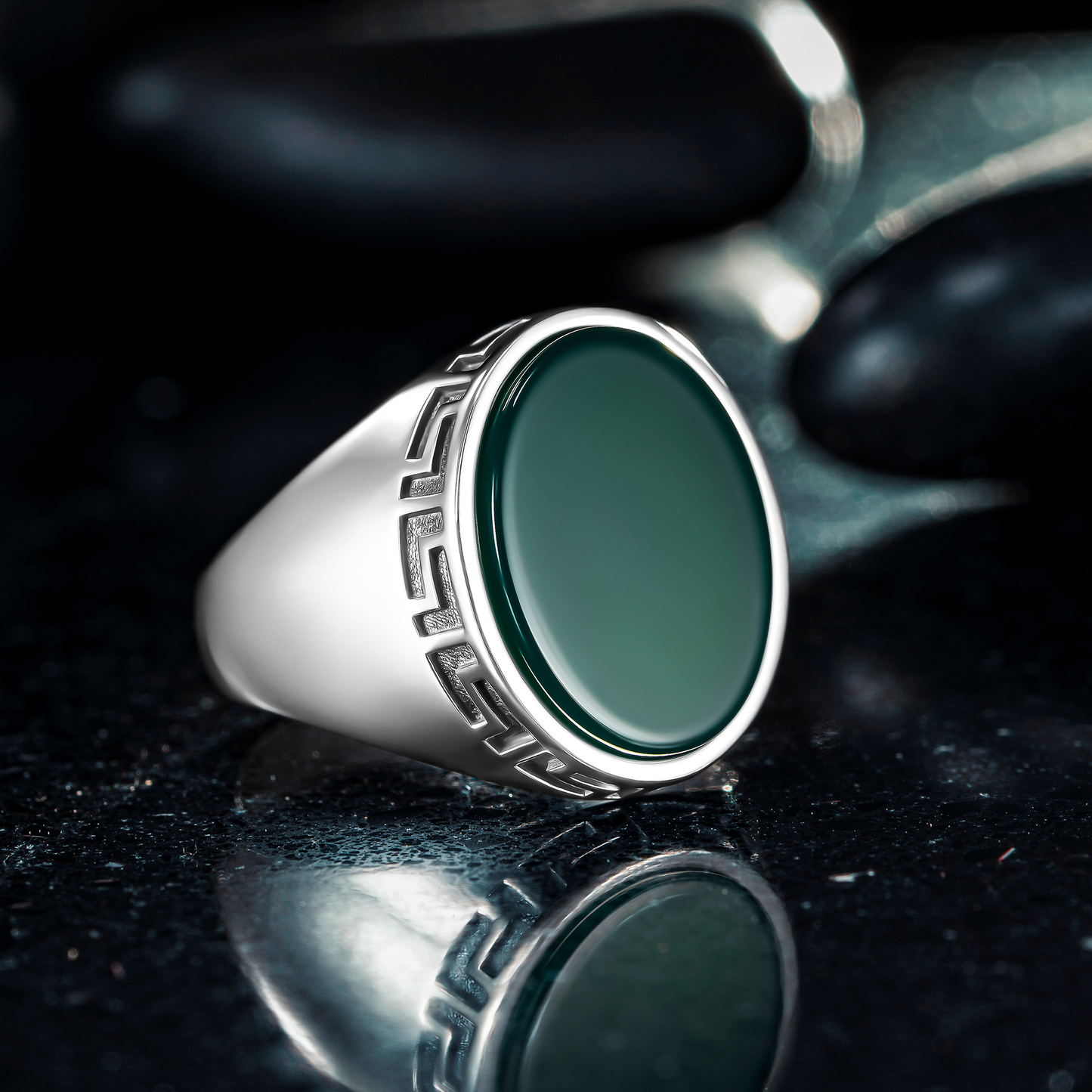 925 Sterling Silver Greek Patterned Oval Green Agate Stone Men's Ring