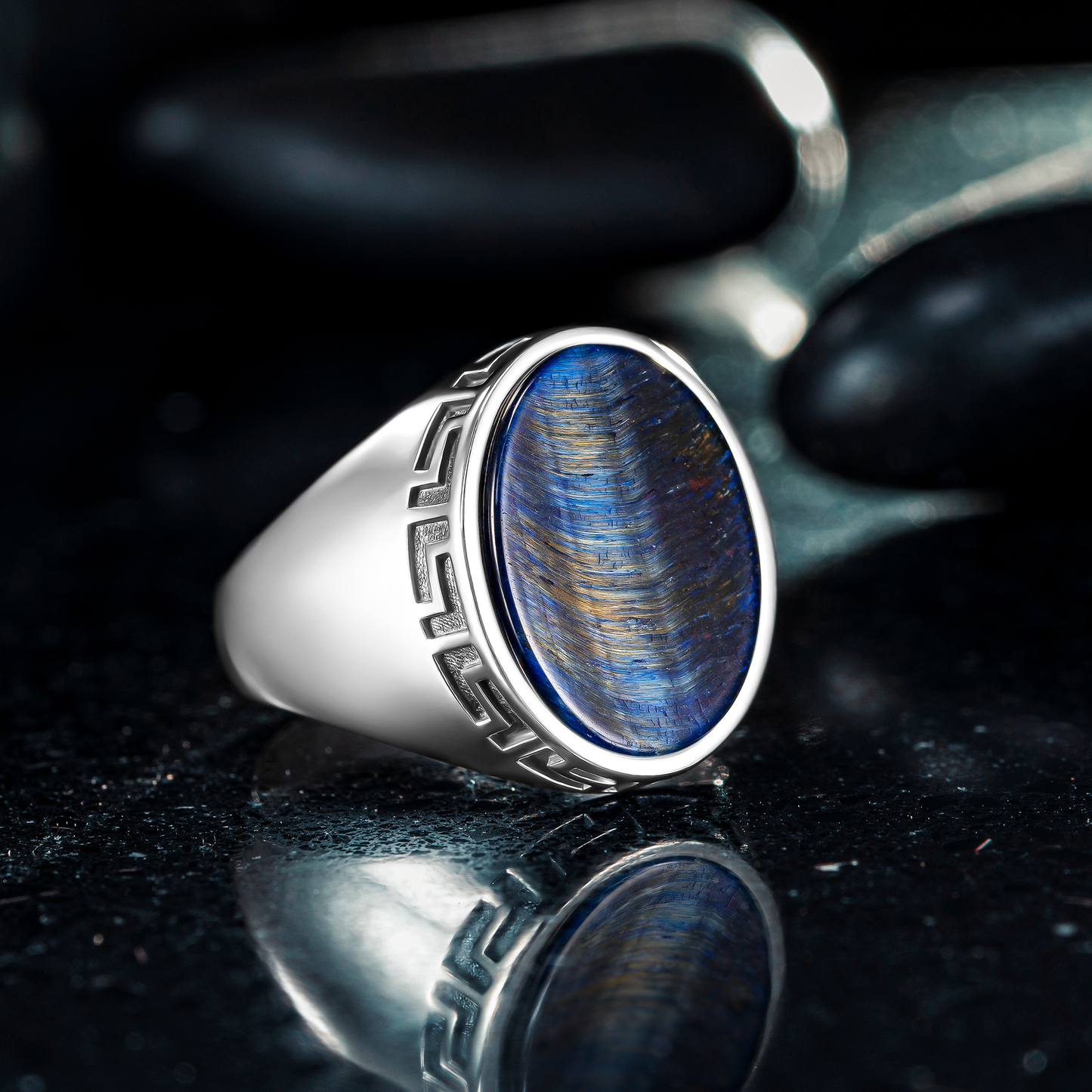 925 Sterling Silver Greek Patterned Oval Blue Lapis Lazuli Stone Men's Ring