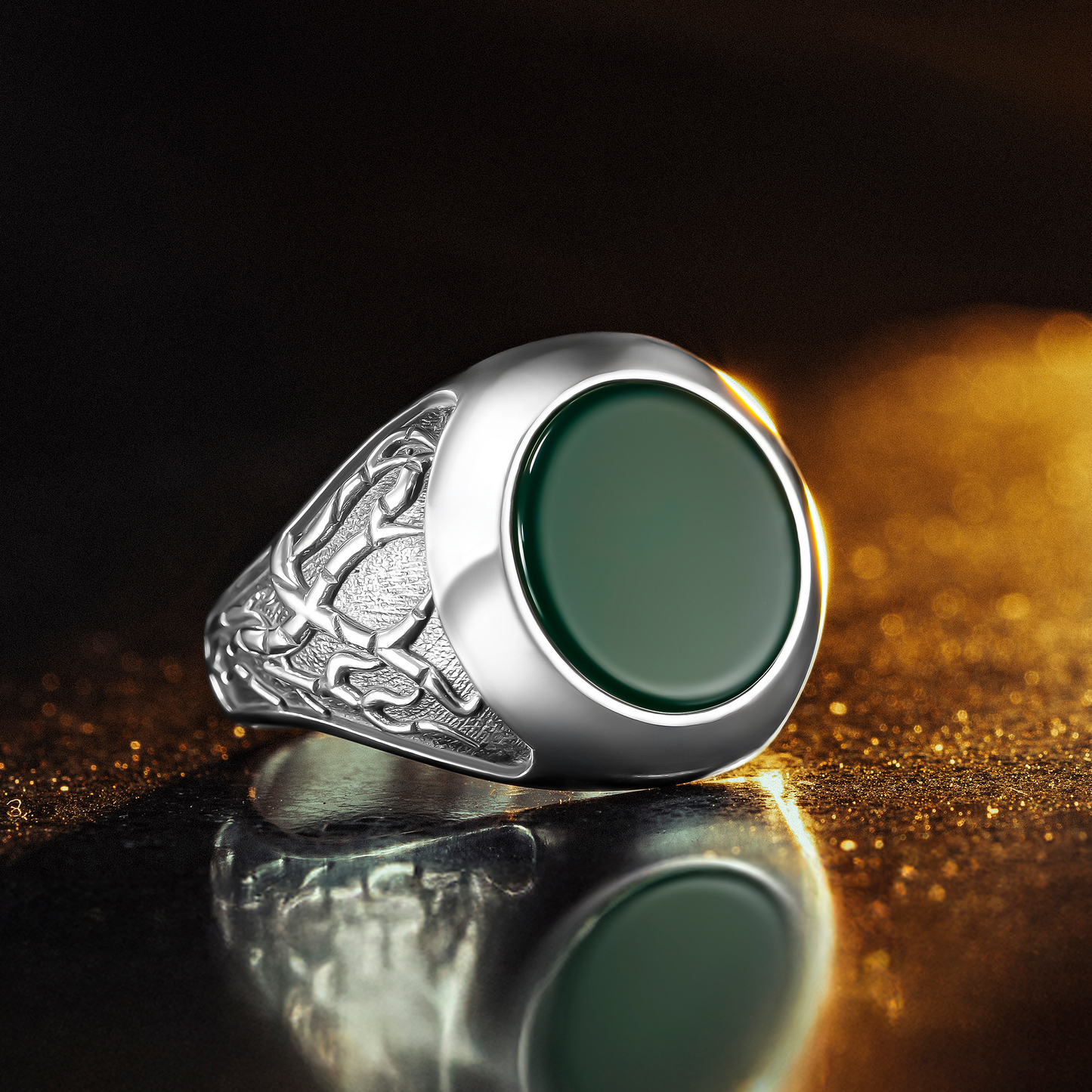 925 Sterling Silver Root Patterned Round Green Agate Stone Men's Ring