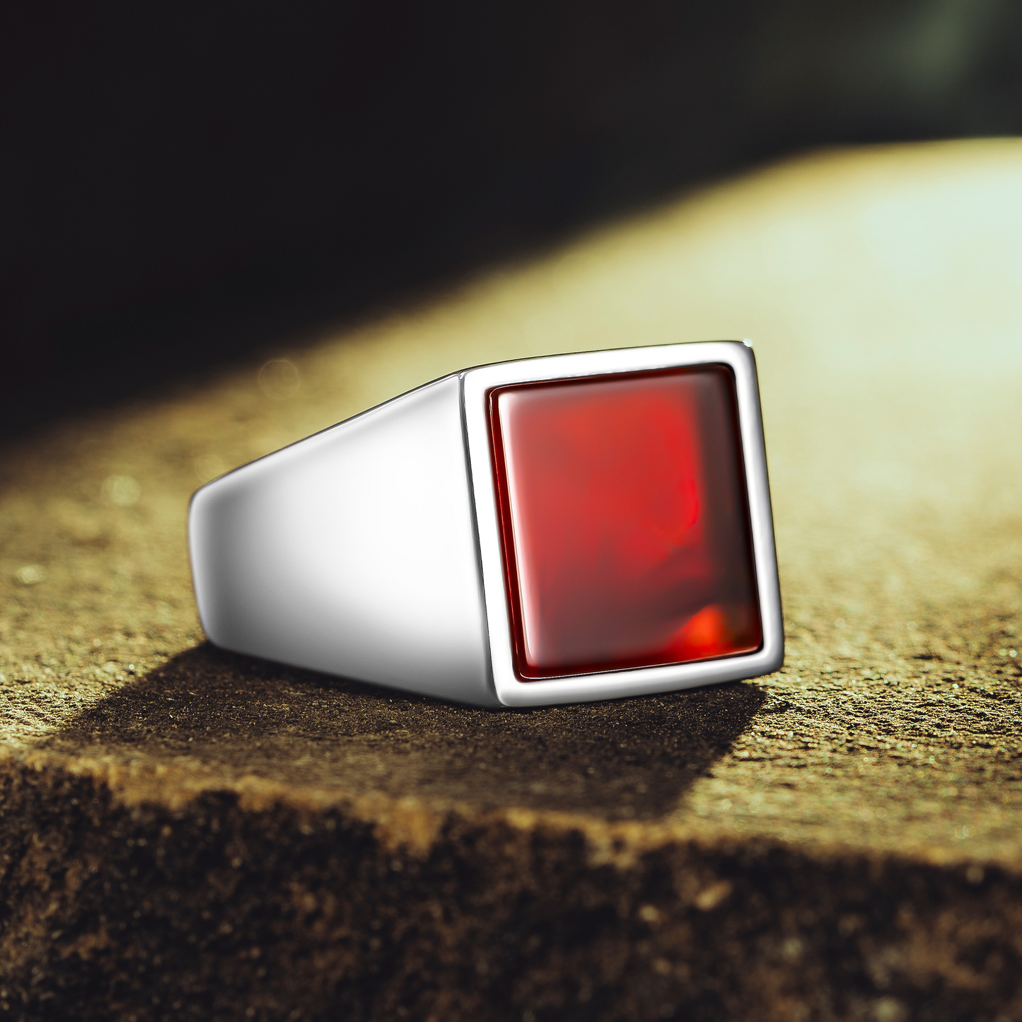 925 Sterling Silver Square Red Agate Stone Men's Ring