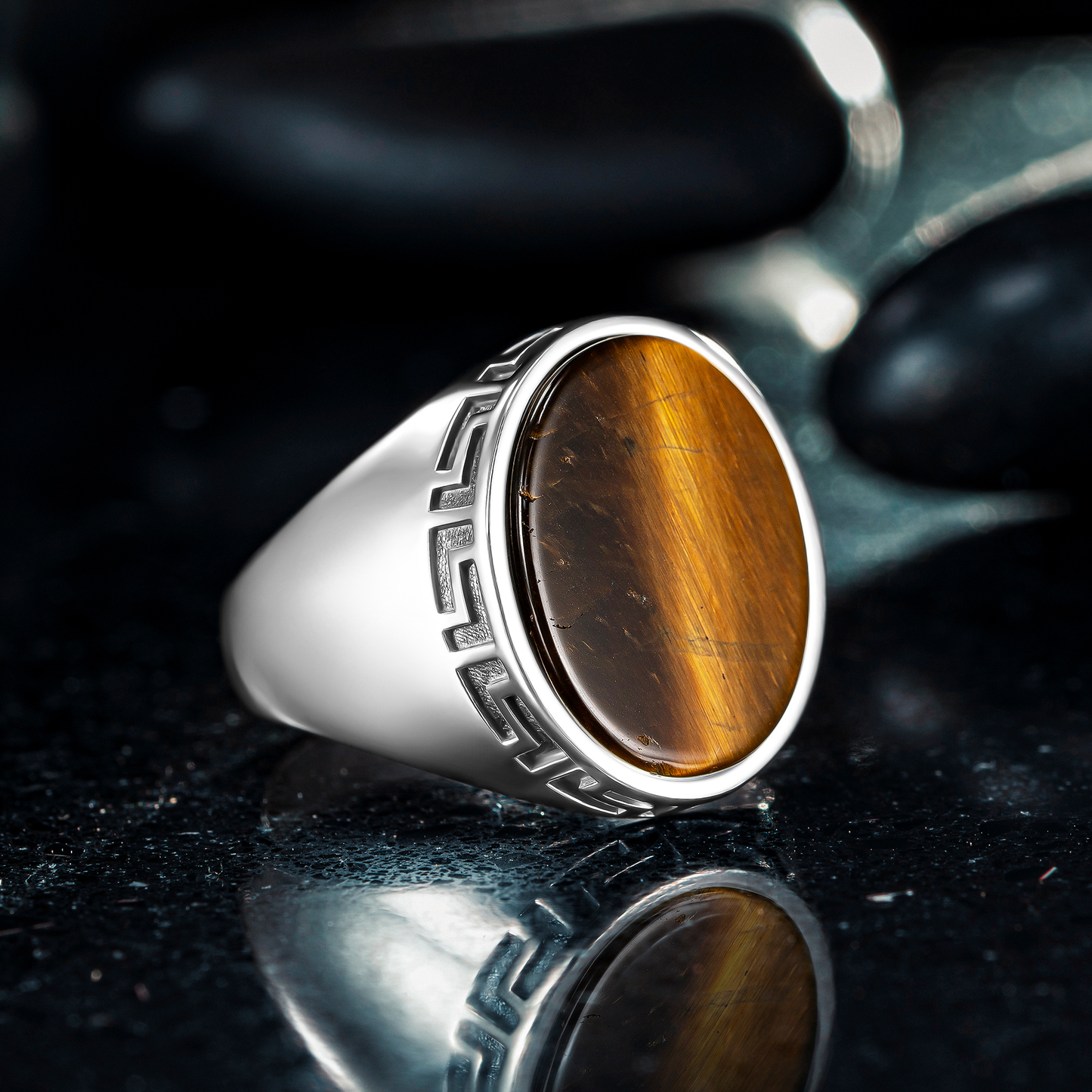 925 Sterling Silver Greek Patterned Oval Brown Tiger's Eye Stone Men's Ring