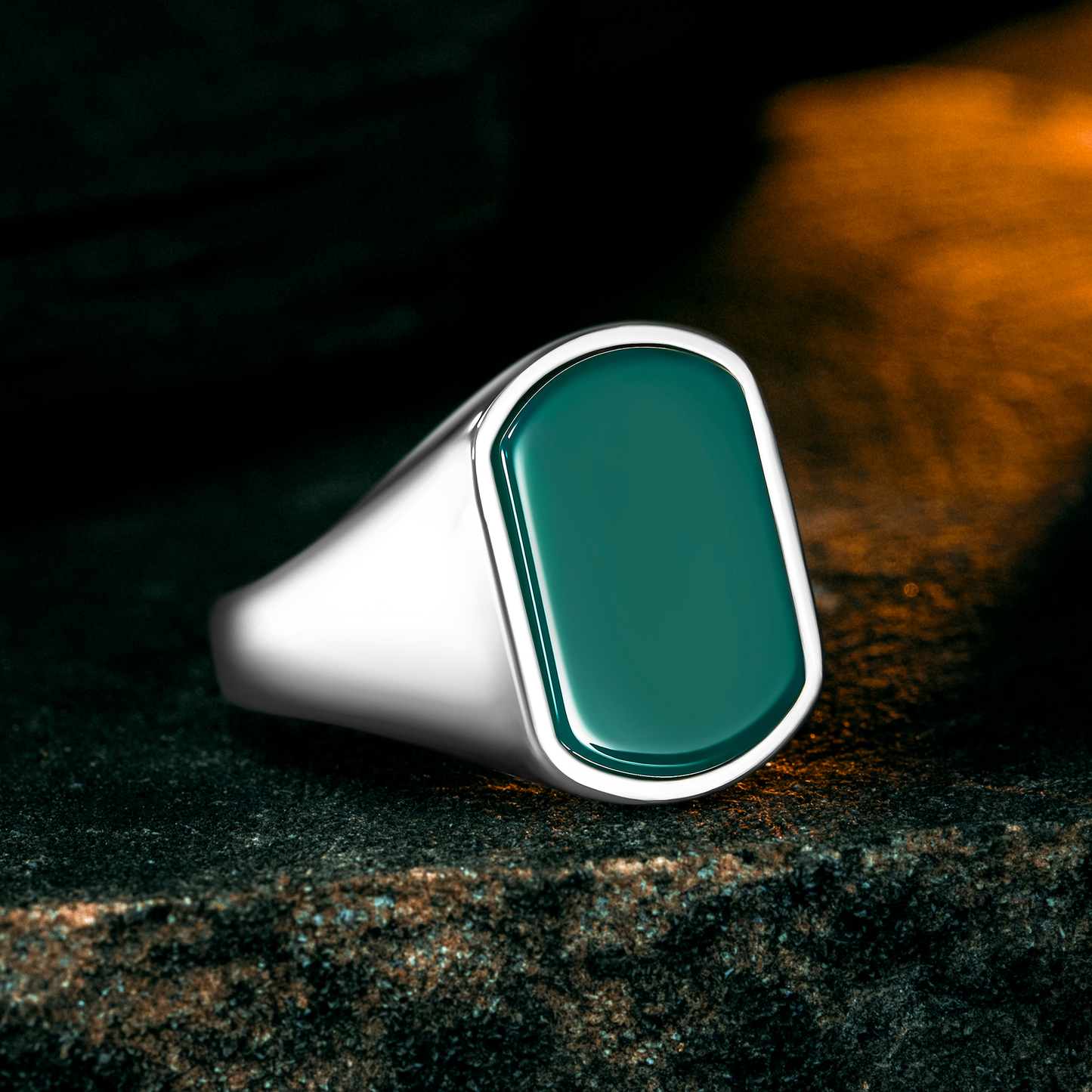 925 Sterling Silver Modern Green Agate Stone Men's Ring
