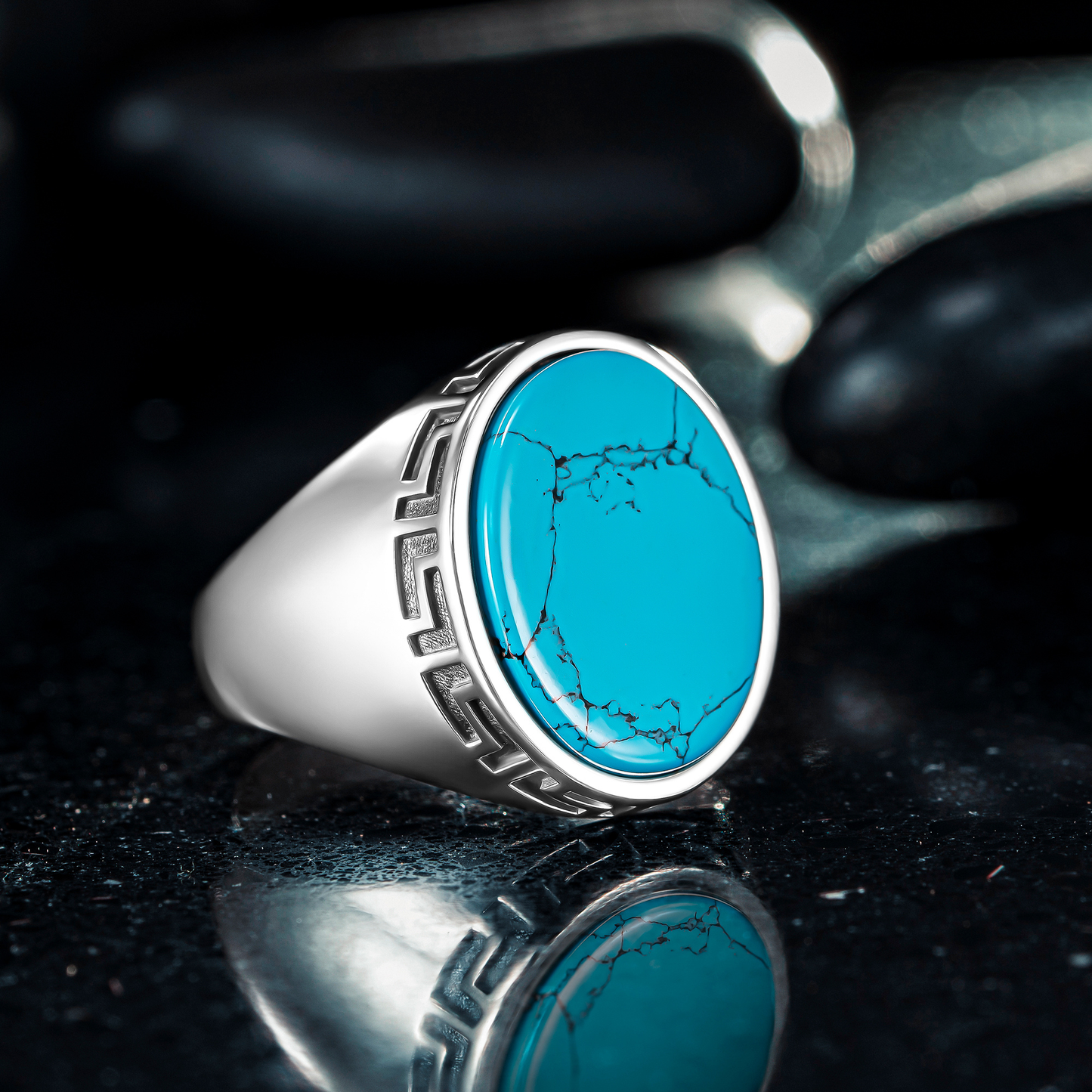 925 Sterling Silver Greek Patterned Oval Blue Turquoise Stone Men's Ring