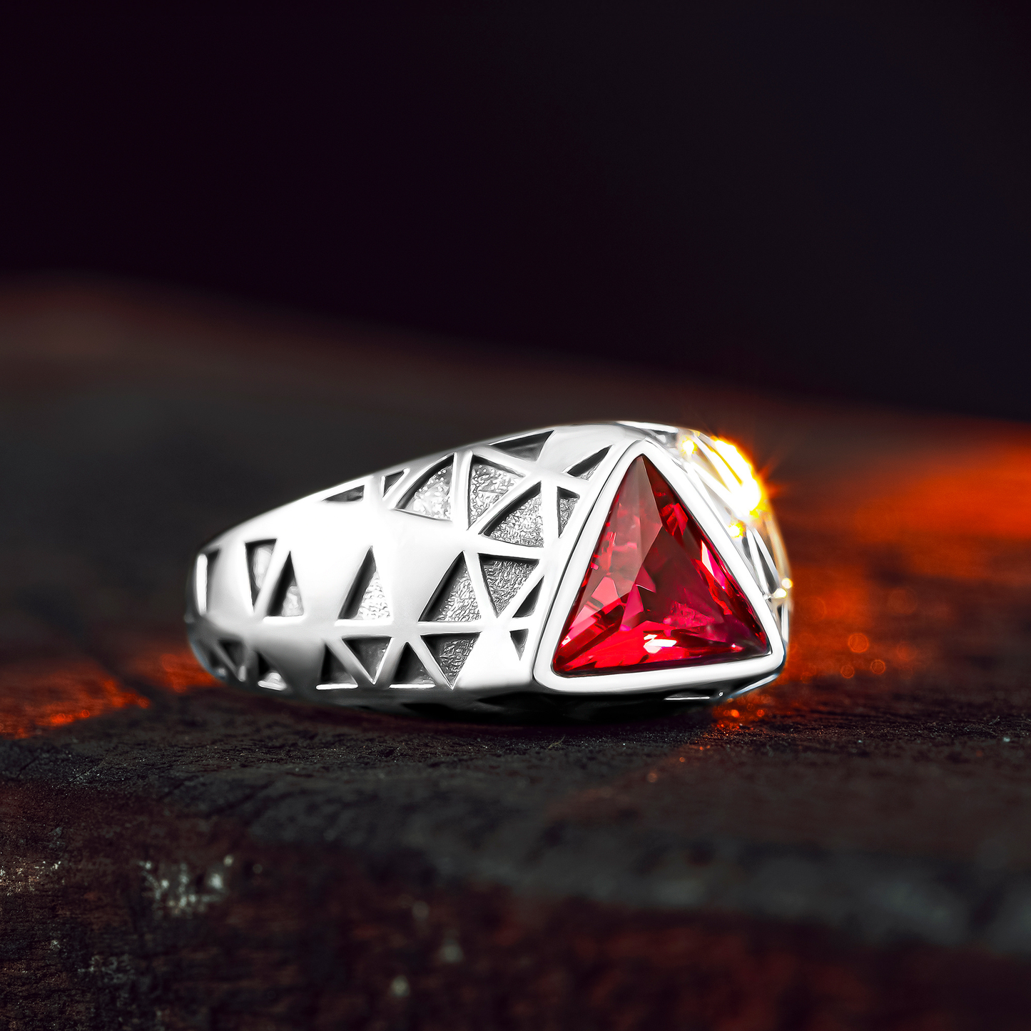 925 Sterling Silver Triangle Red Garnet Stone Men's Ring