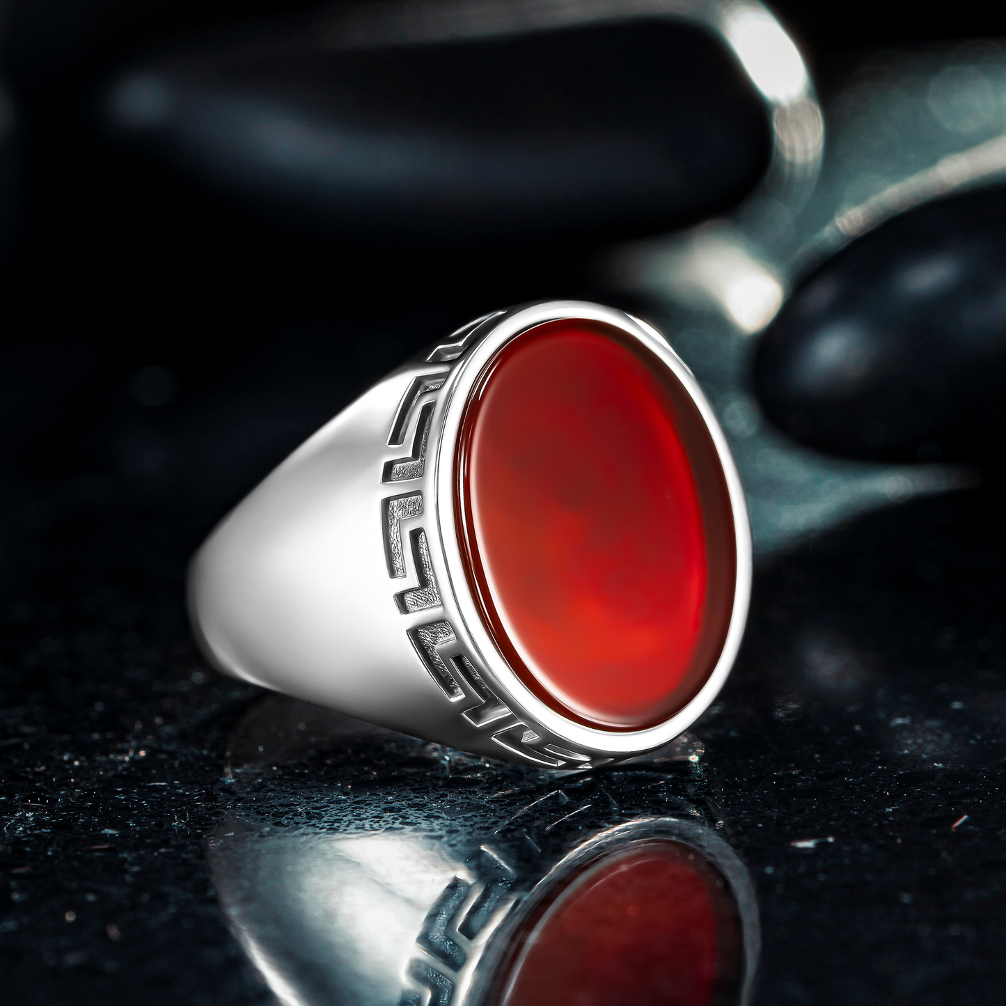 925 Sterling Silver Greek Patterned Oval Red Agate Stone Men's Ring