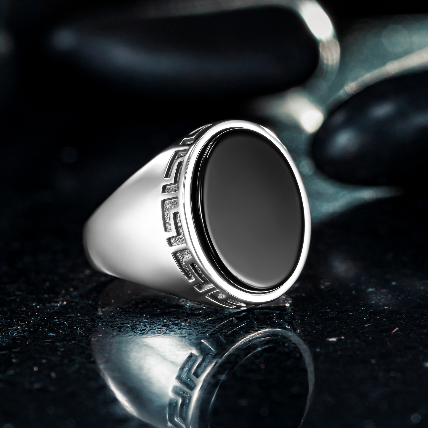 925 Sterling Silver Greek Patterned Oval Black Onyx Stone Men's Ring