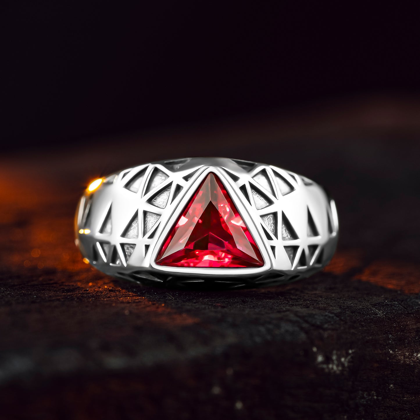 925 Sterling Silver Triangle Red Garnet Stone Men's Ring