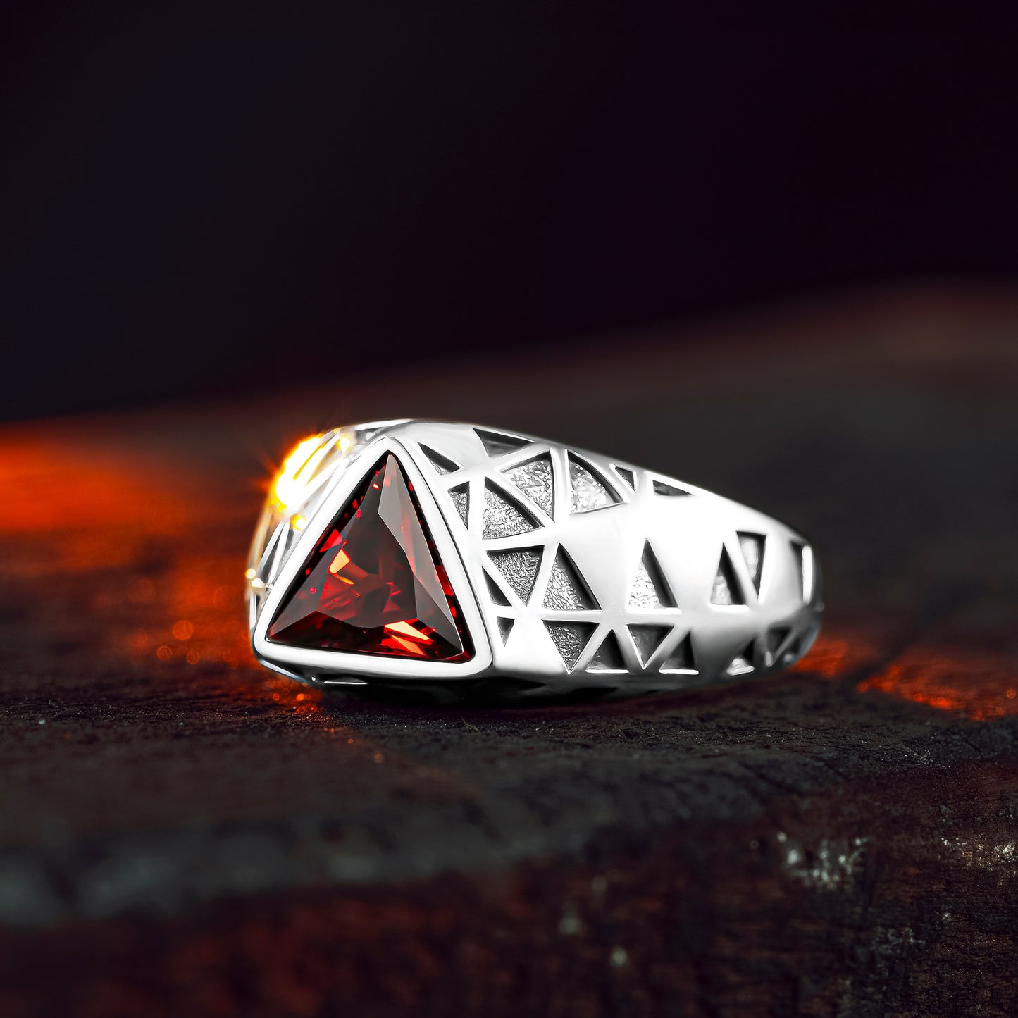 925 Sterling Silver Triangle Red Ruby Stone Men's Ring
