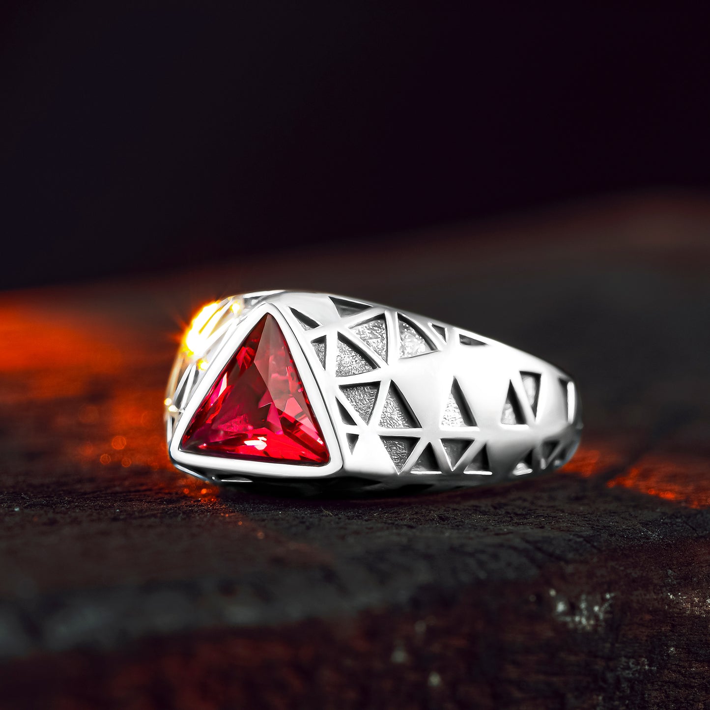 925 Sterling Silver Triangle Red Garnet Stone Men's Ring