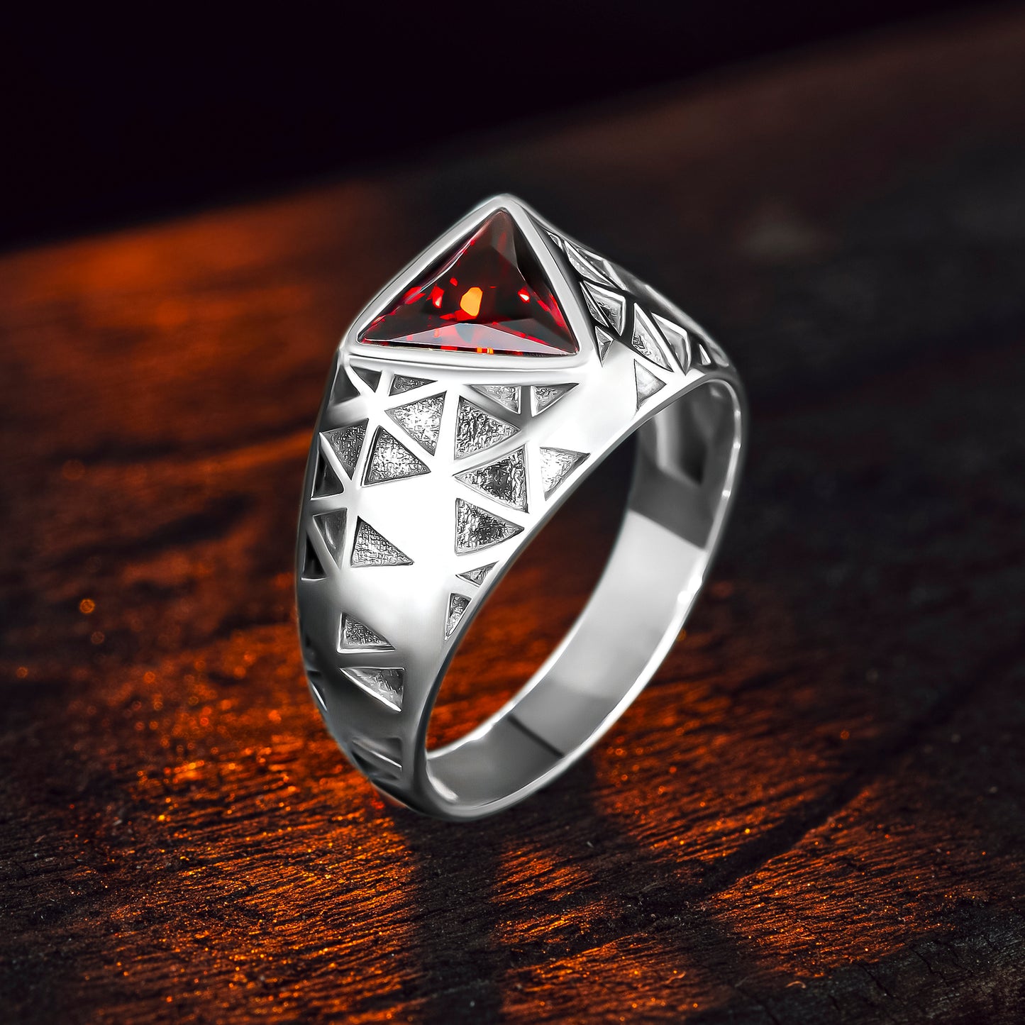 925 Sterling Silver Triangle Red Ruby Stone Men's Ring