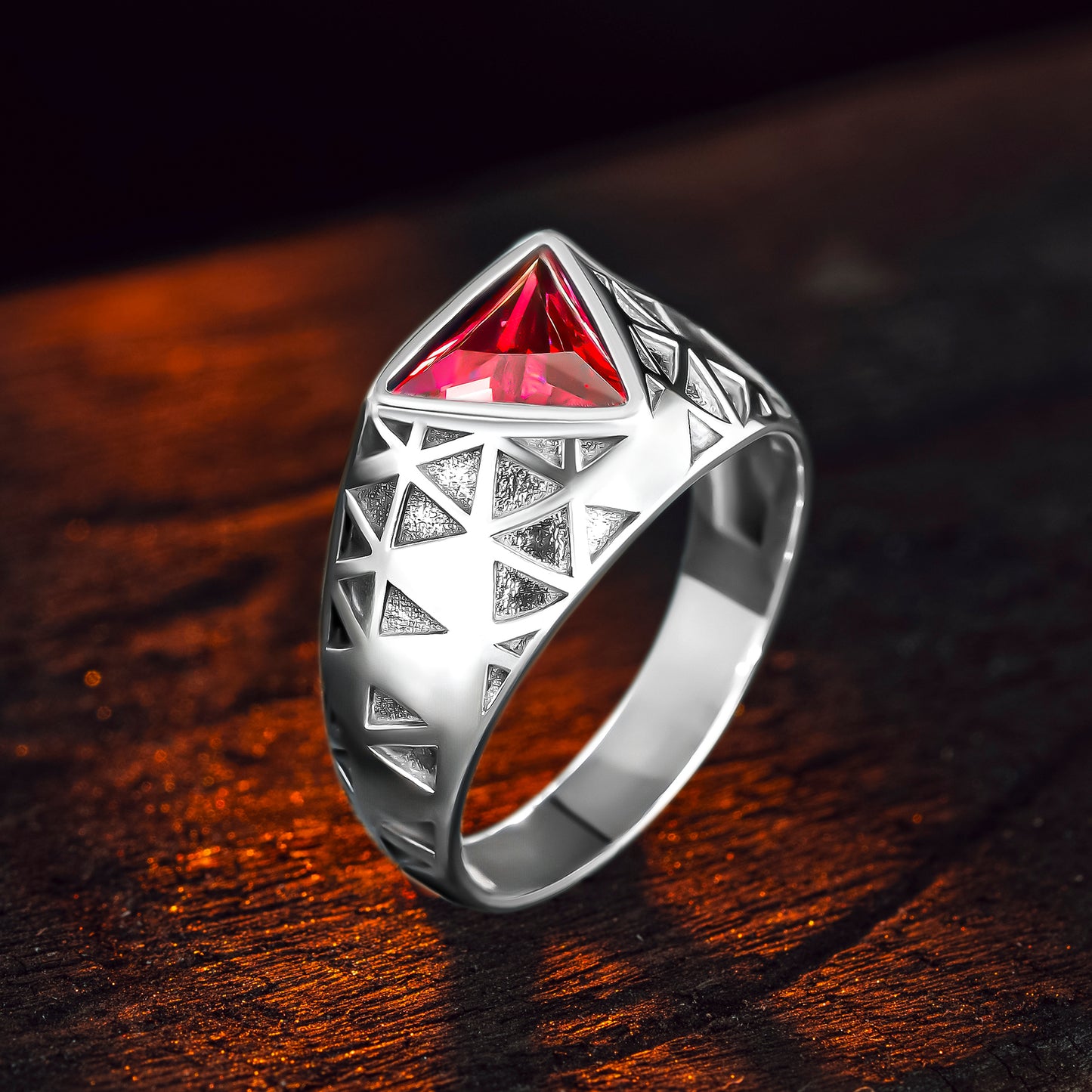 925 Sterling Silver Triangle Red Garnet Stone Men's Ring