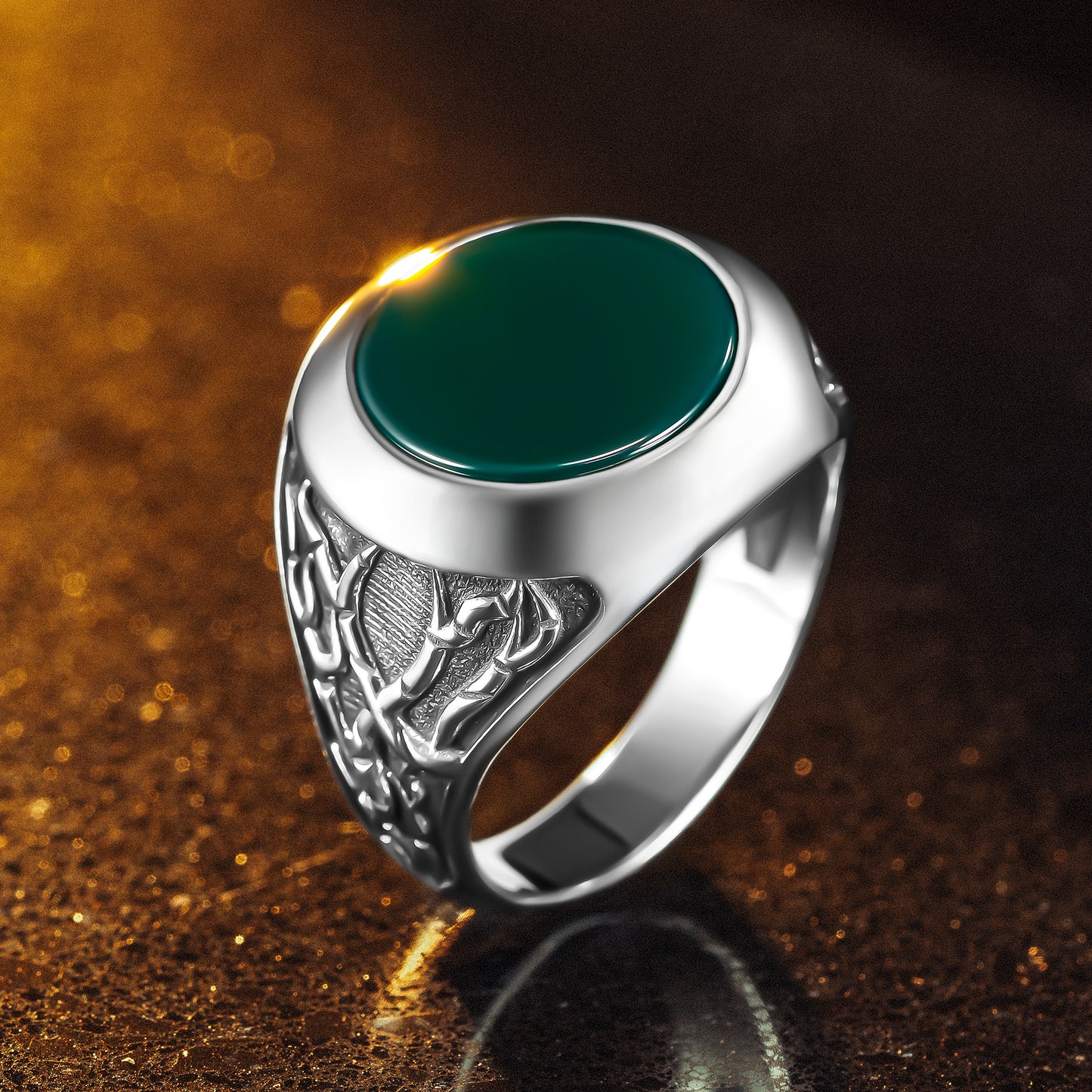 925 Sterling Silver Root Patterned Round Green Agate Stone Men's Ring