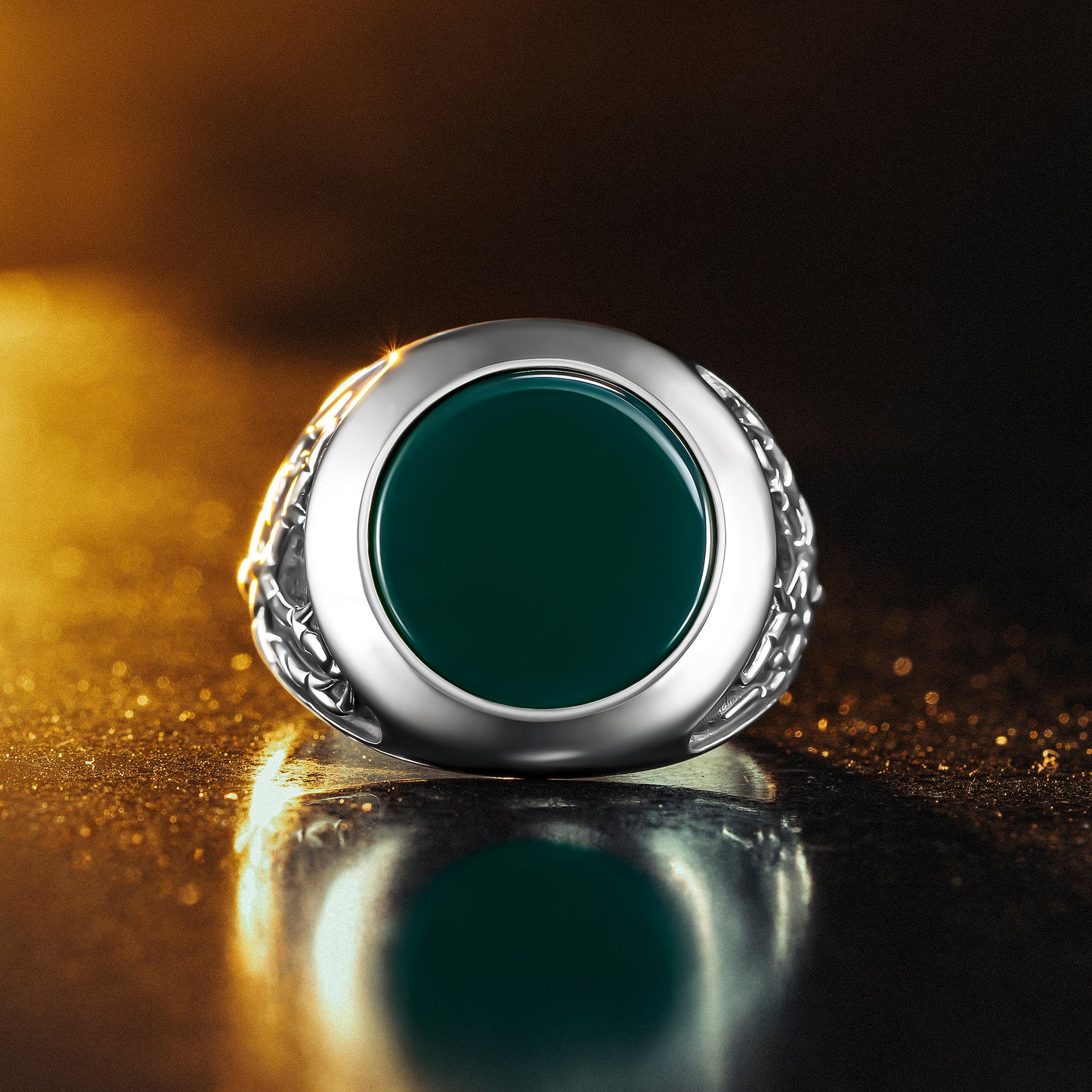 925 Sterling Silver Root Patterned Round Green Agate Stone Men's Ring
