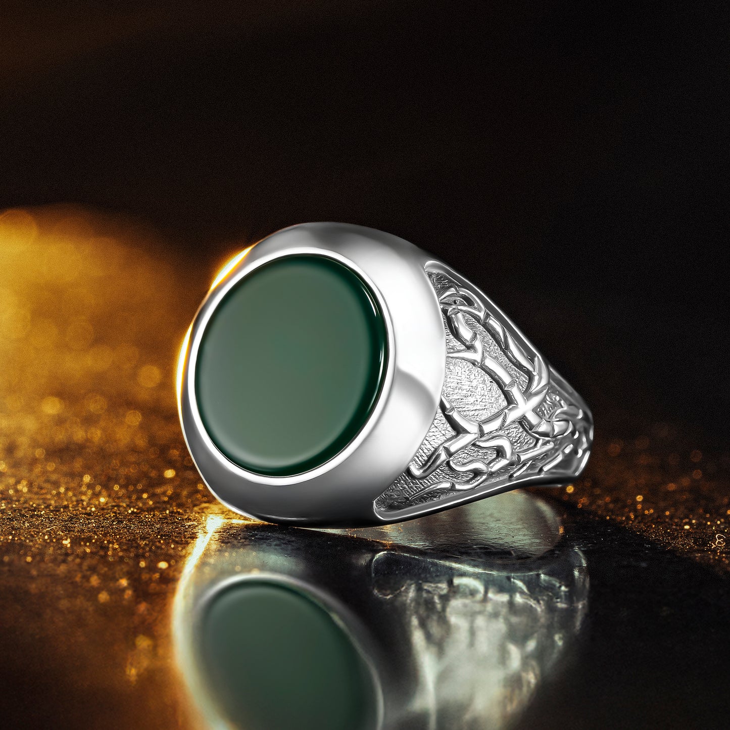 925 Sterling Silver Root Patterned Round Green Agate Stone Men's Ring