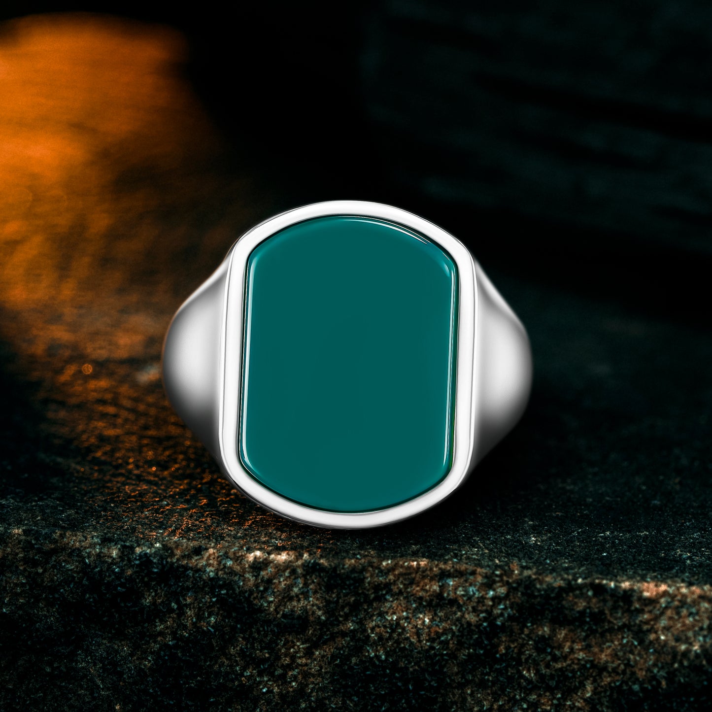 925 Sterling Silver Modern Green Agate Stone Men's Ring