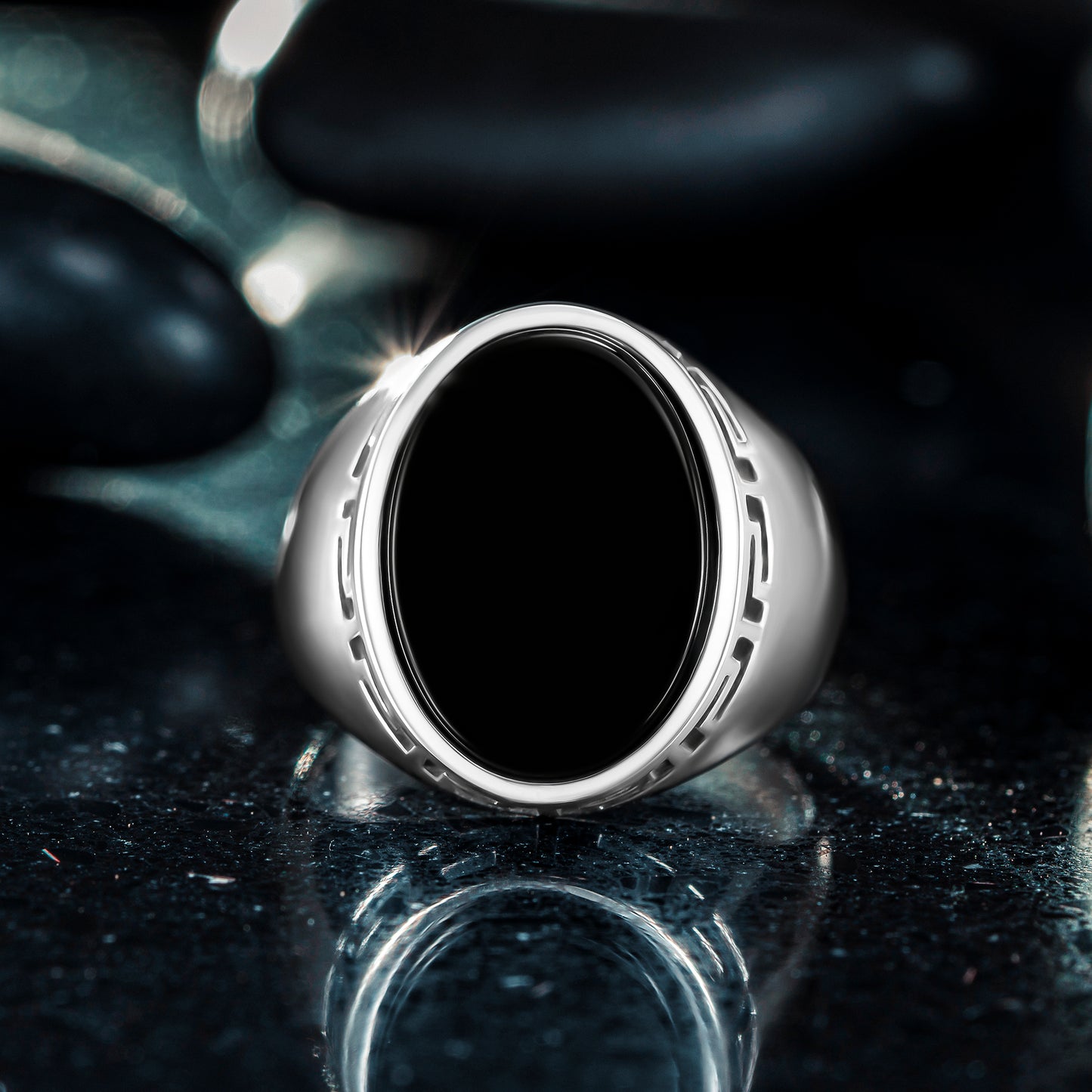 925 Sterling Silver Greek Patterned Oval Black Onyx Stone Men's Ring