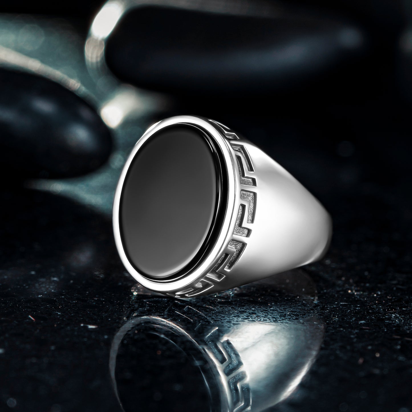 925 Sterling Silver Greek Patterned Oval Black Onyx Stone Men's Ring