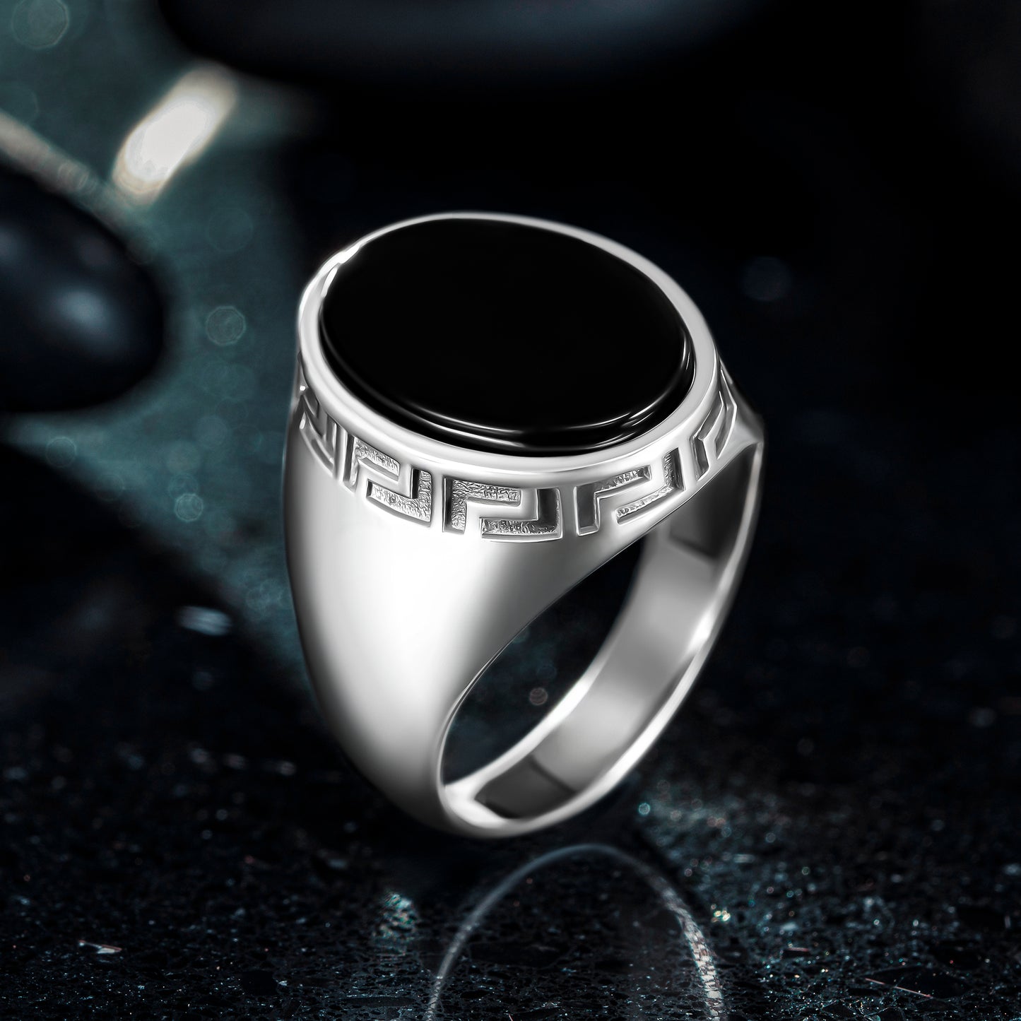 925 Sterling Silver Greek Patterned Oval Black Onyx Stone Men's Ring